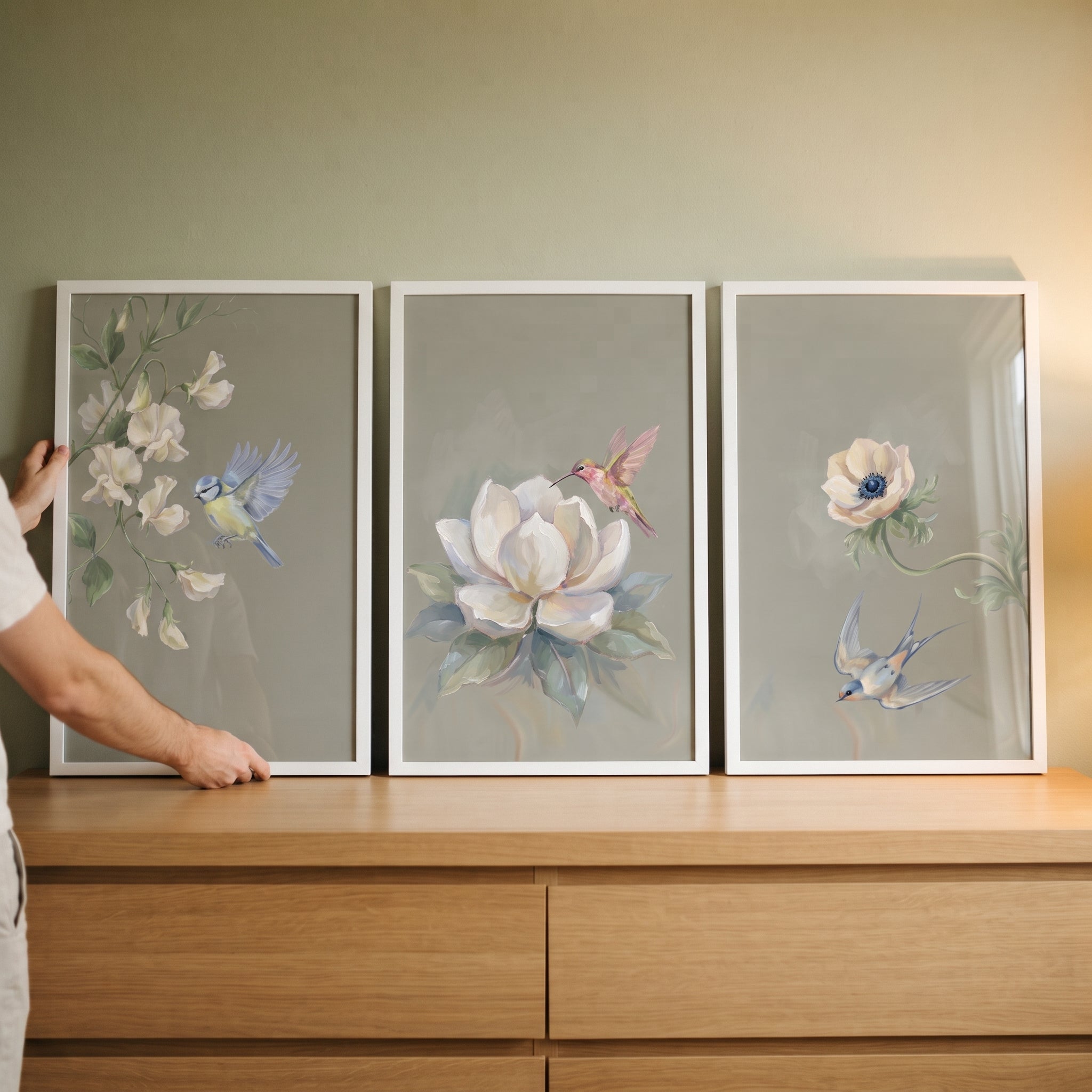 Cottagecore White Floral Bird Wall Art Set of 3 - Nature's Gentle Flight