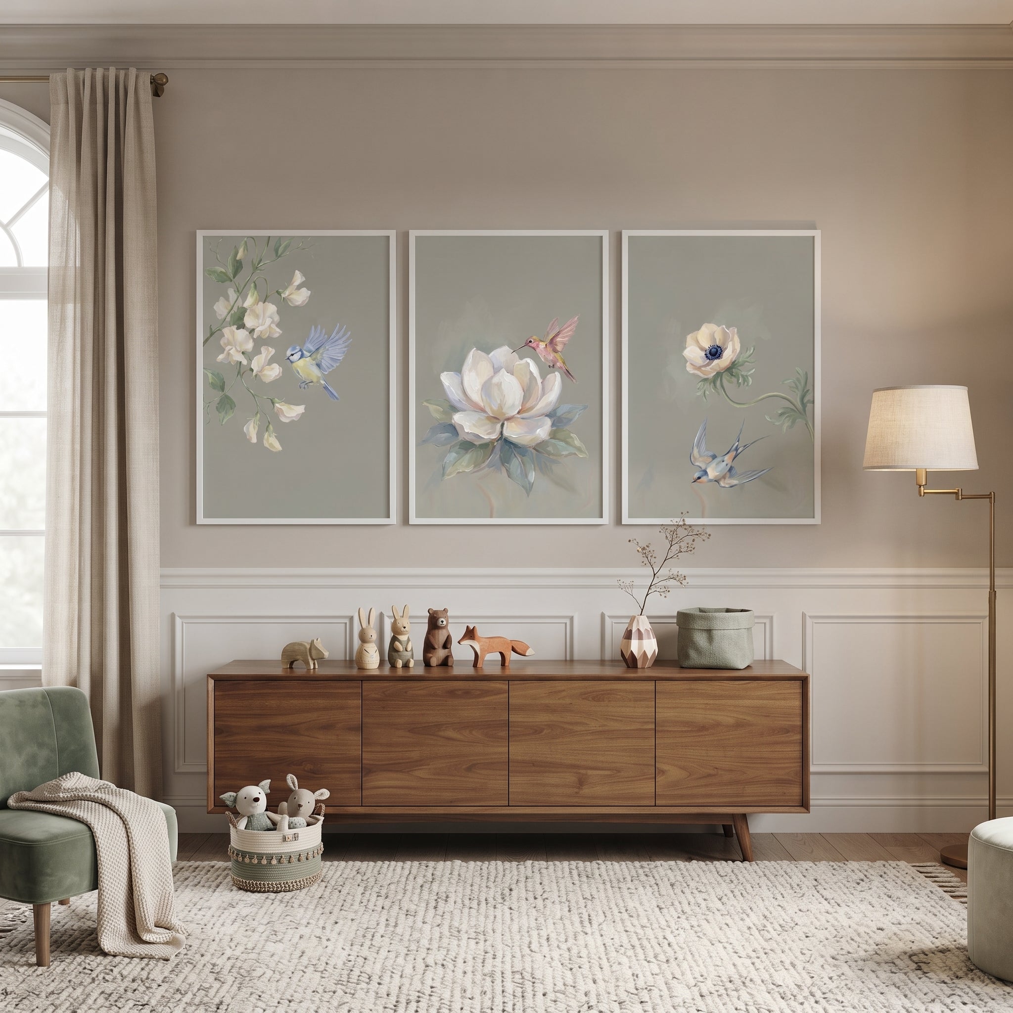 Cottagecore White Floral Bird Wall Art Set of 3 - Nature's Gentle Flight