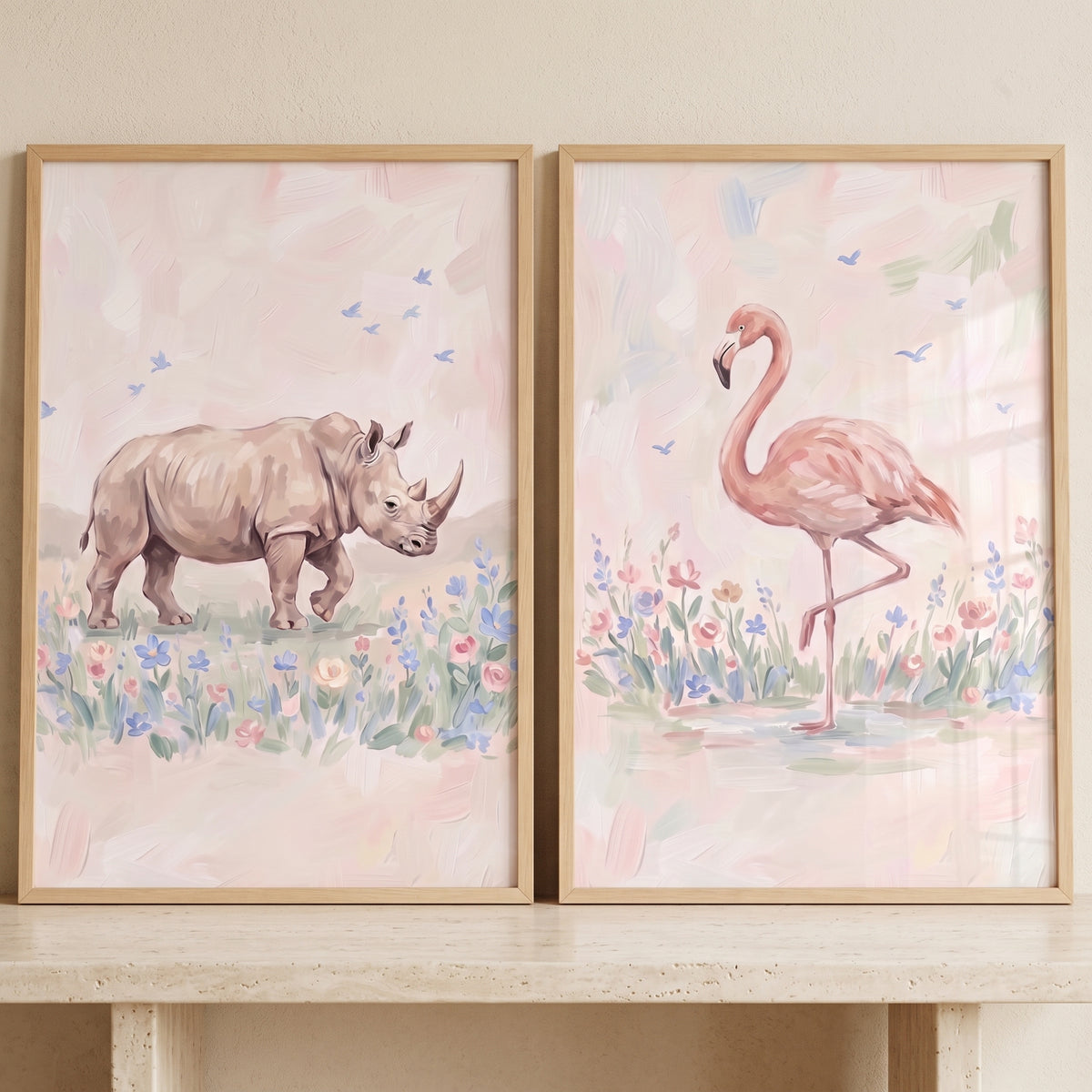 Cottagecore Wildflower Safari Animals Wall Art Set of 2 - Pastel Safari Duo