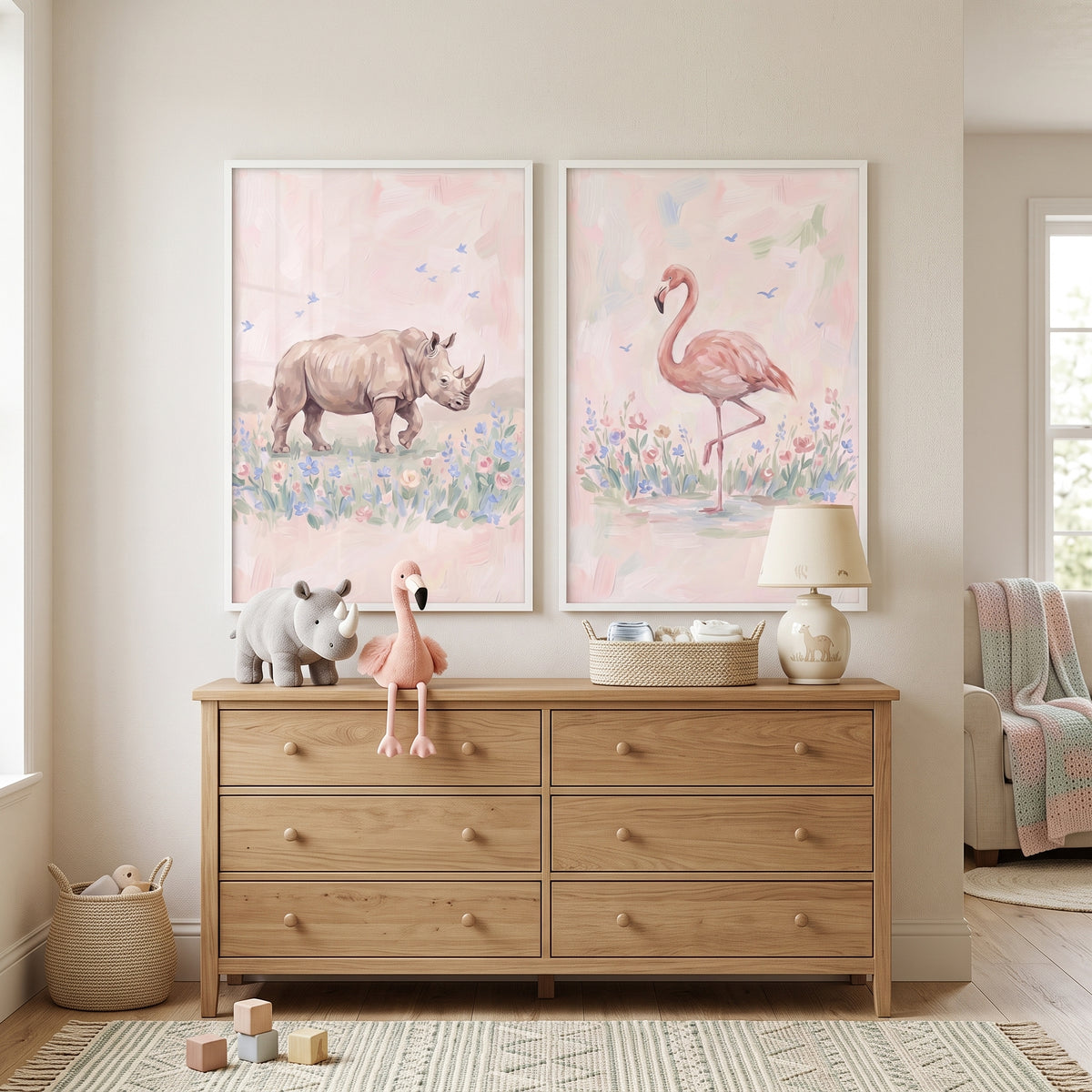 Cottagecore Wildflower Safari Animals Wall Art Set of 2 - Pastel Safari Duo