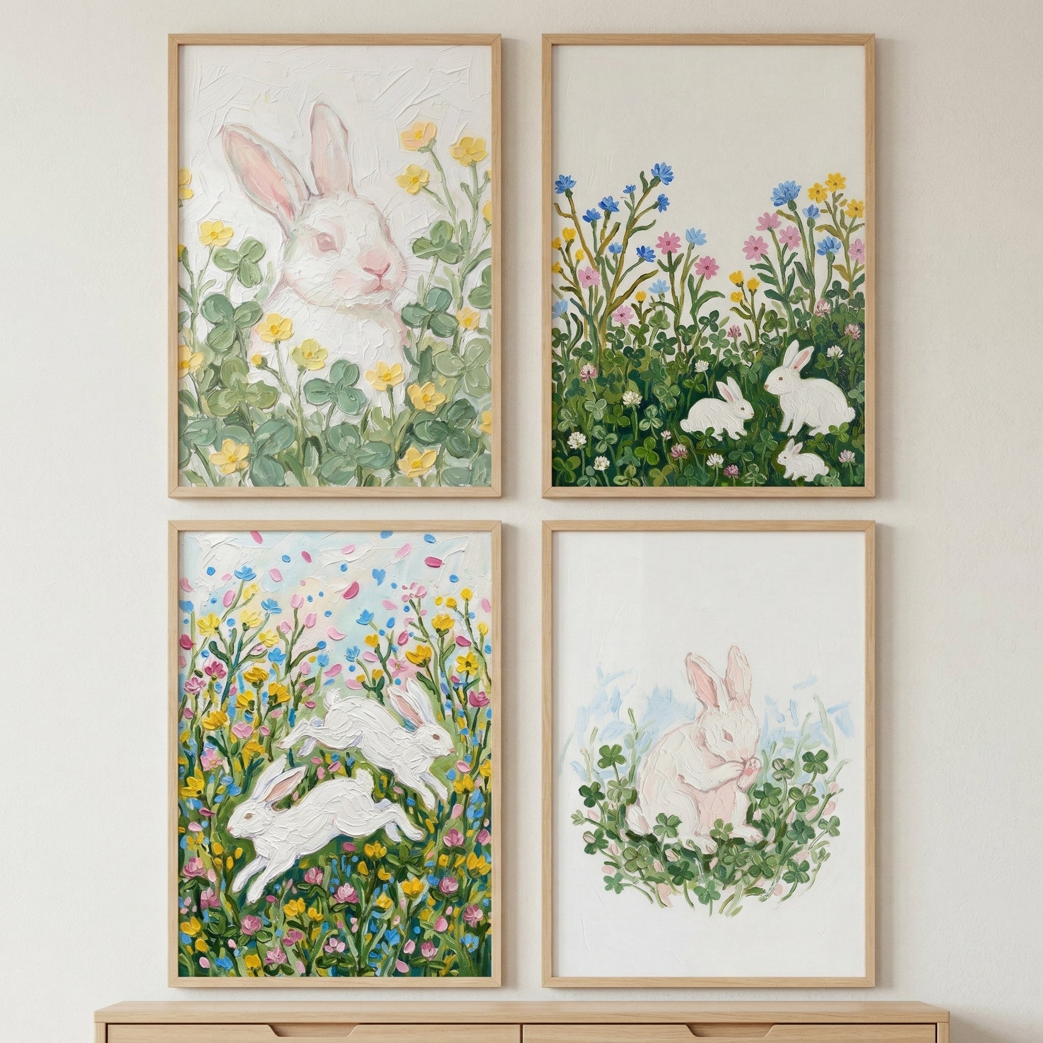 Cottagecore Wildflower White Bunny Wall Art Set of 4 - Whimsical Hare Garden