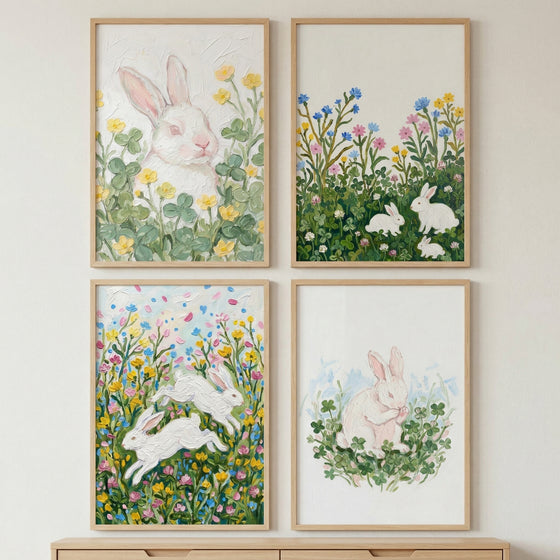 A set of four framed, textured paintings hanging in a two-by-two grid on a light wall above a wooden dresser. The artwork features white bunnies in different nature scenes: a close-up bunny among yellow flowers (top left), resting in a floral meadow (top right), leaping through colorful wildflowers (bottom left), and sitting among green clovers (bottom right).