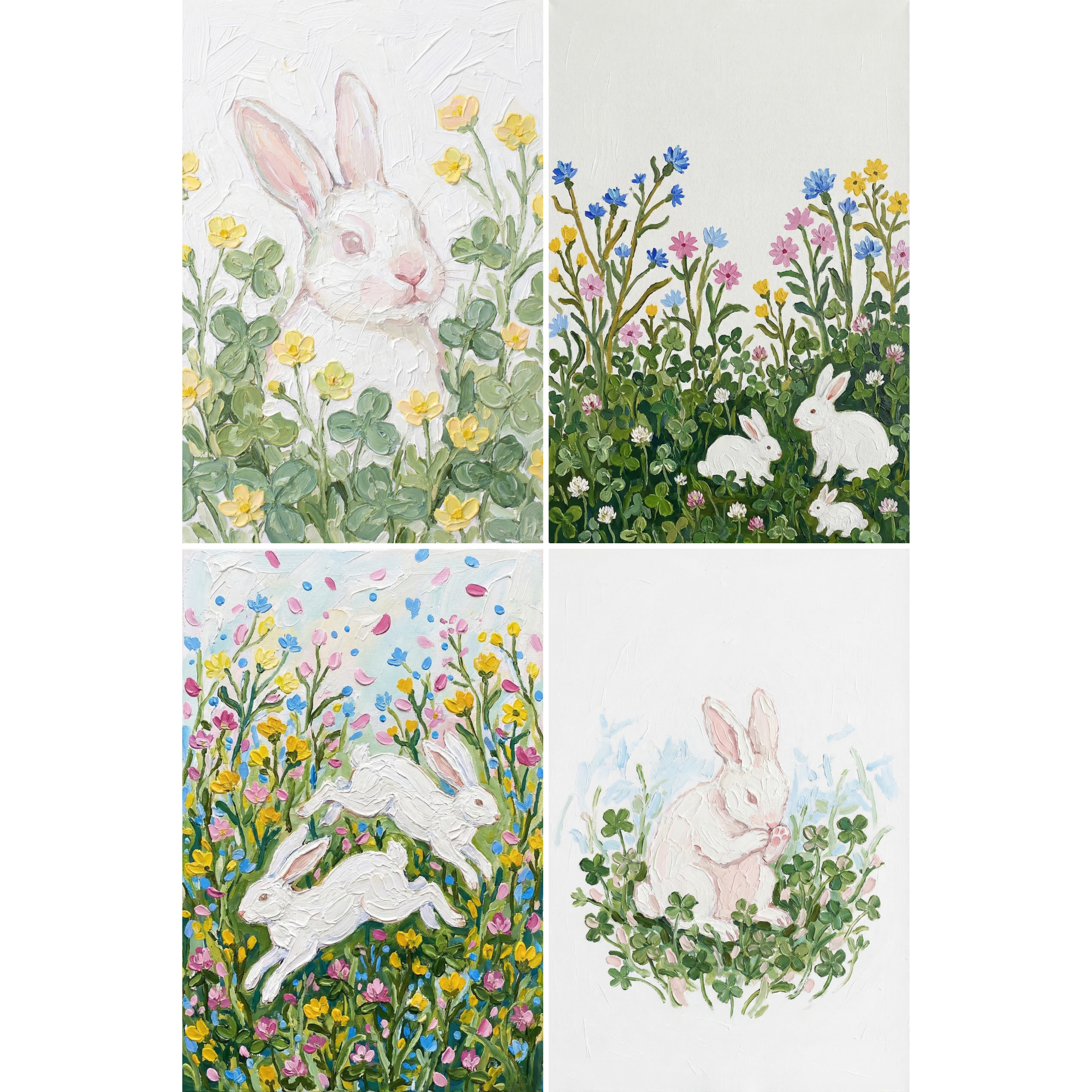 Cottagecore Wildflower White Bunny Wall Art Set of 4 - Whimsical Hare Garden