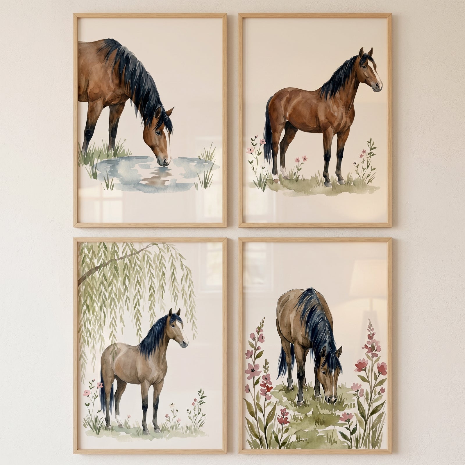 Country field brown horse wall art set of 4 features watercolor style horses grazing and drinking in light wood frames.