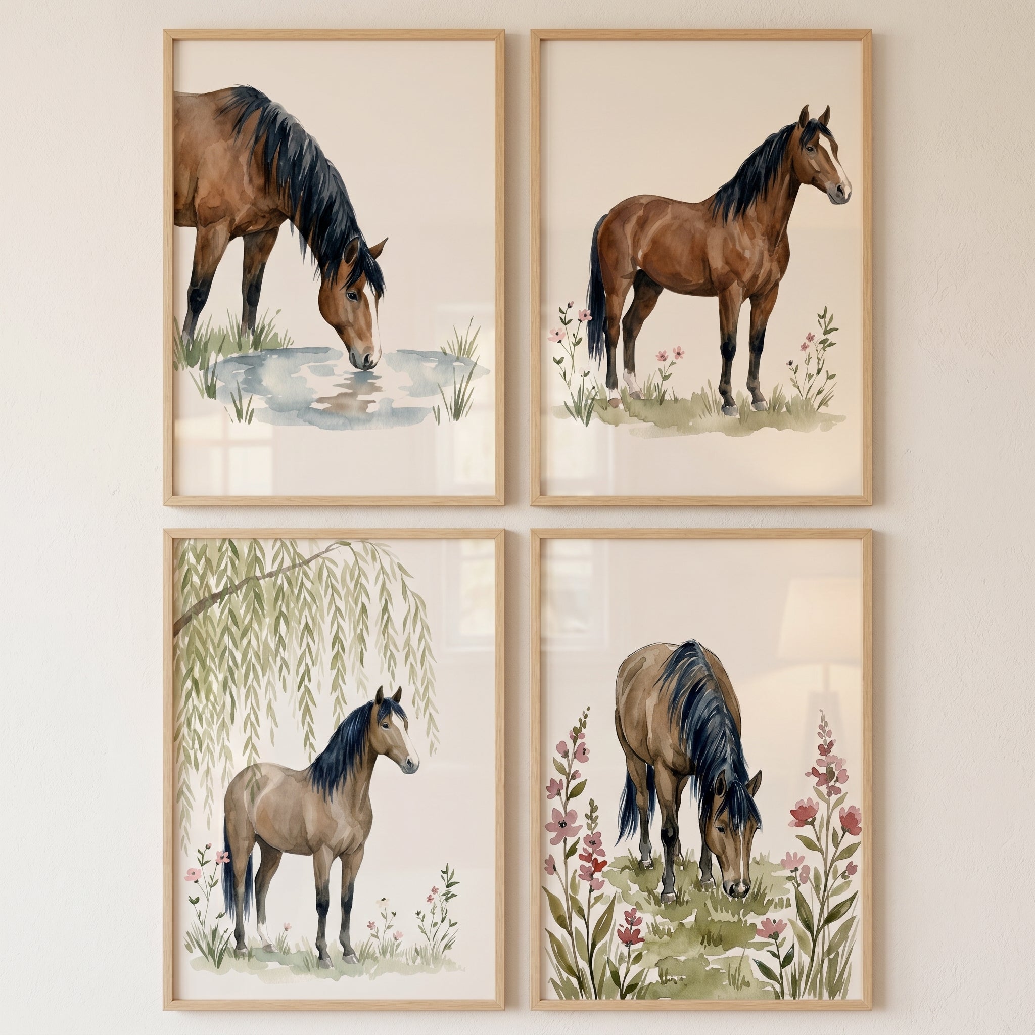Country Field Brown Horse Wall Art Set of 4 - Wild Meadow Horses