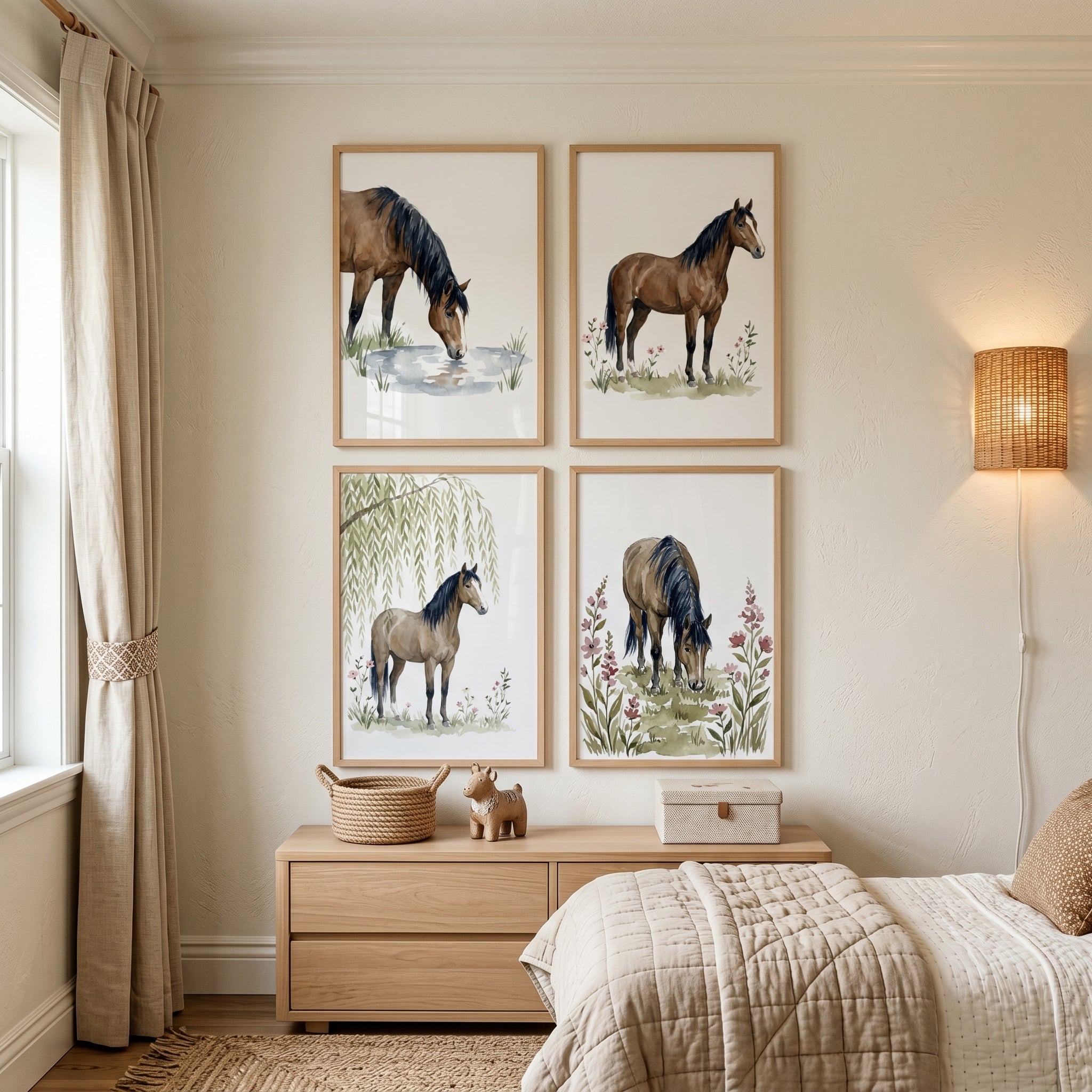 Country Field Brown Horse Wall Art Set of 4 - Wild Meadow Horses