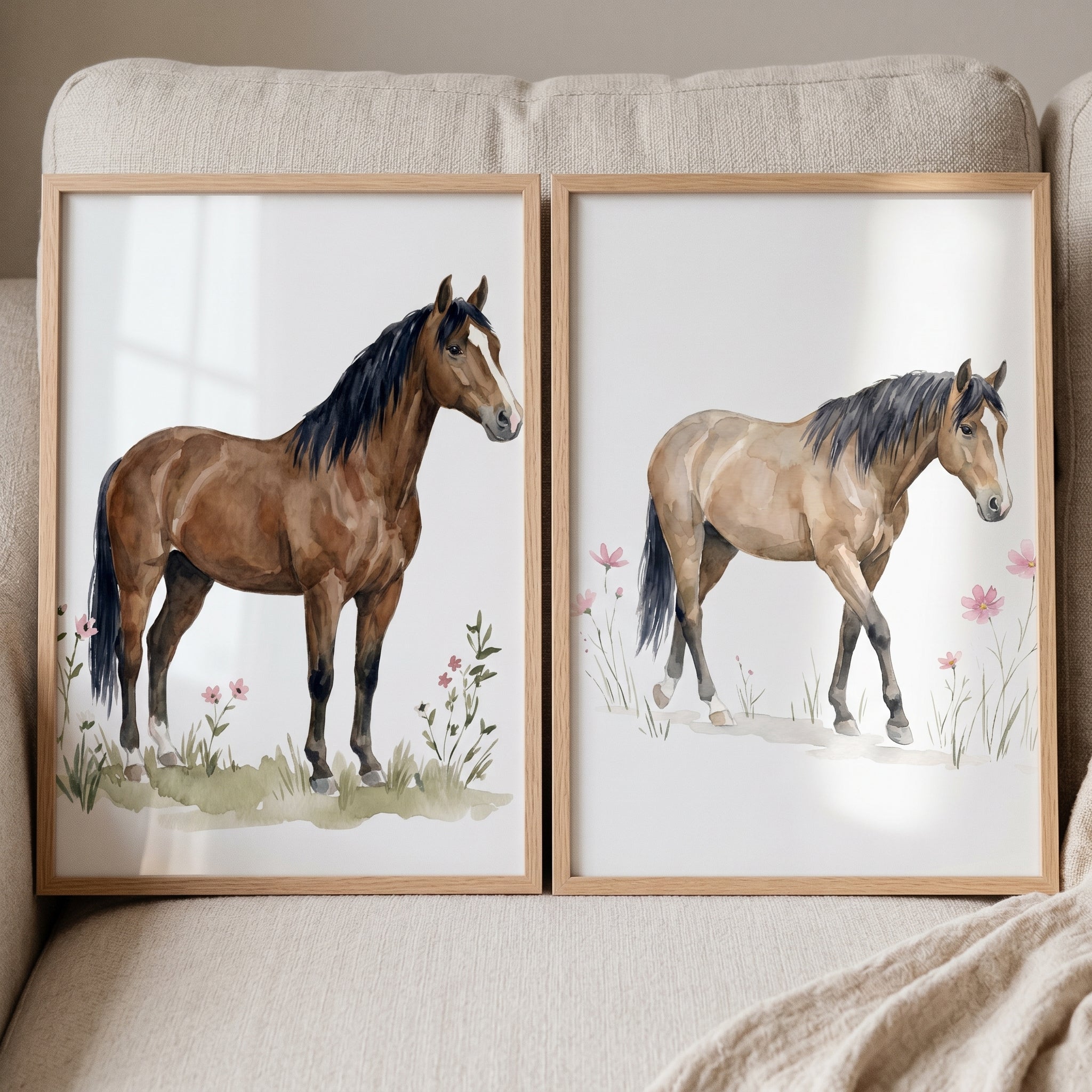 Country Floral Horse Wall Art Set of 2 - Meadow Horse Duo