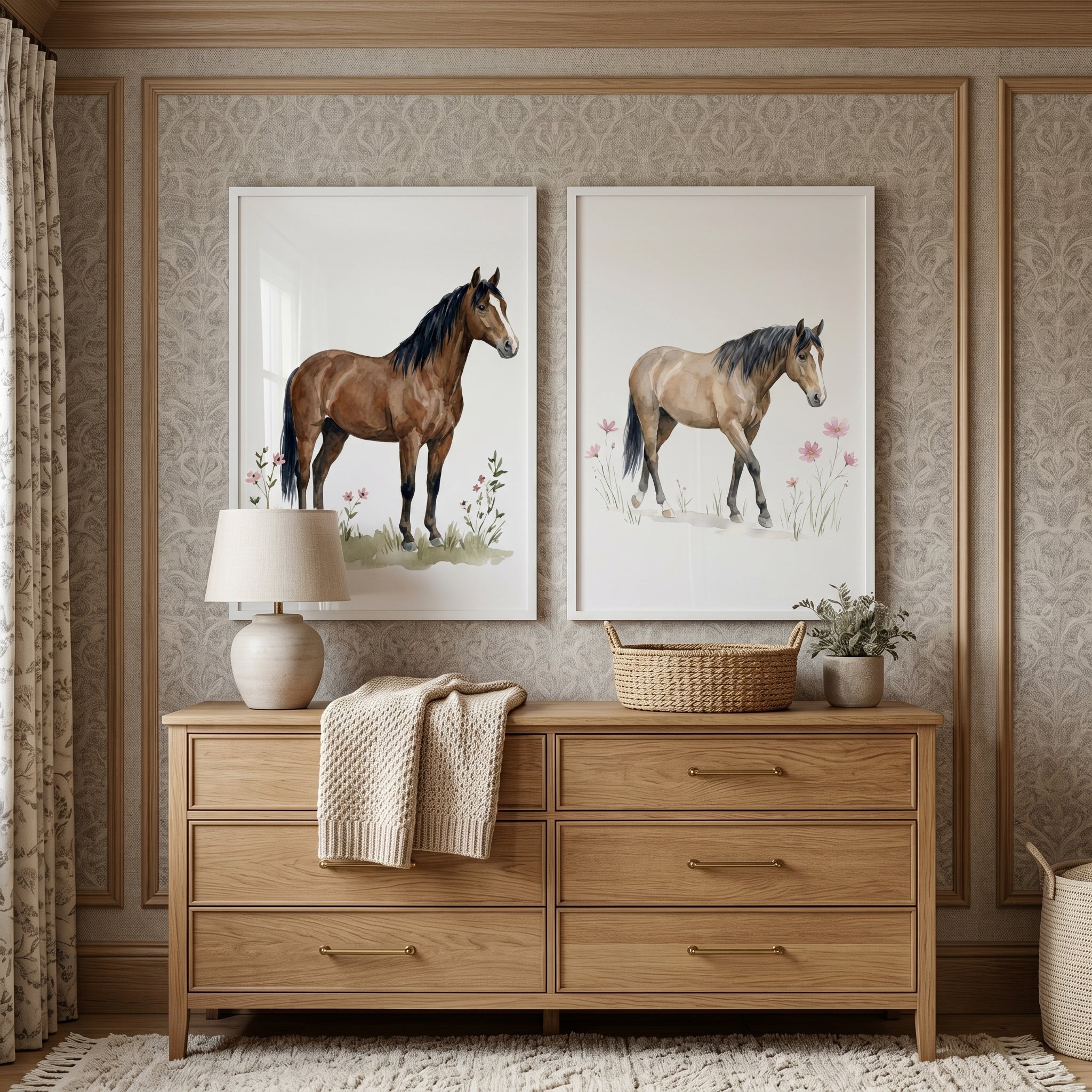 Country Floral Horse Wall Art Set of 2 - Meadow Horse Duo