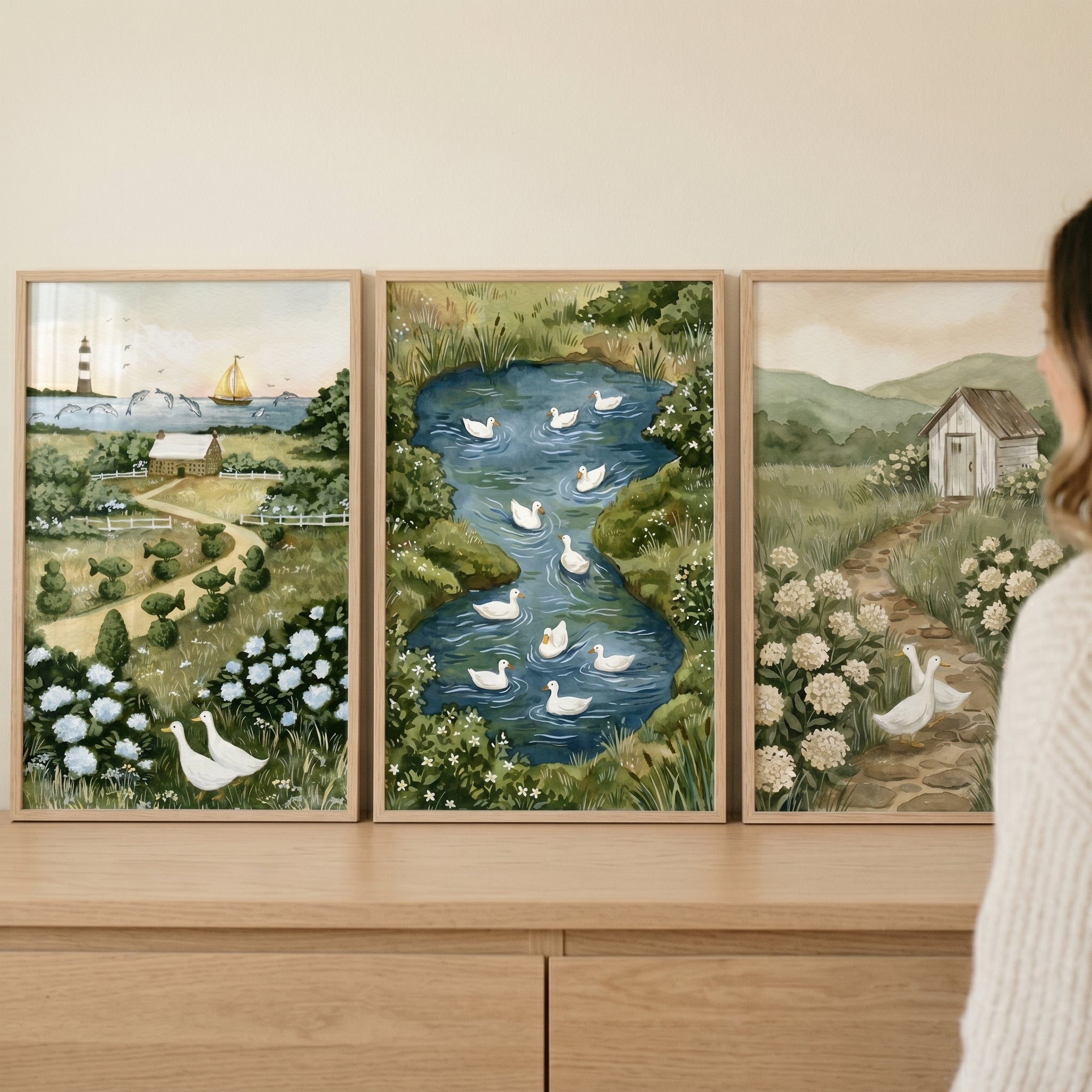 Country White Duck Wall Art Set of 3 - Serene Duckling Scenes