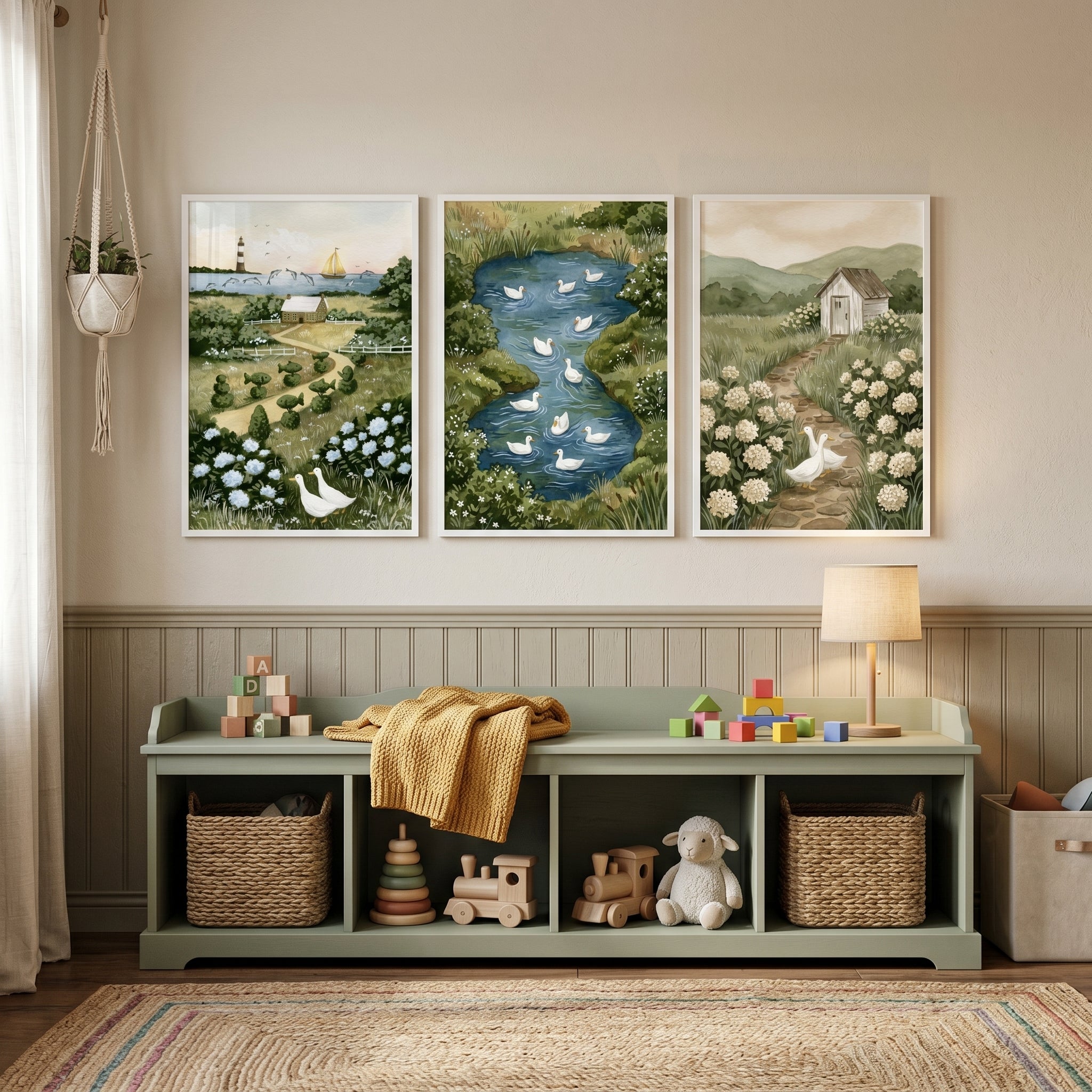 Country White Duck Wall Art Set of 3 - Serene Duckling Scenes