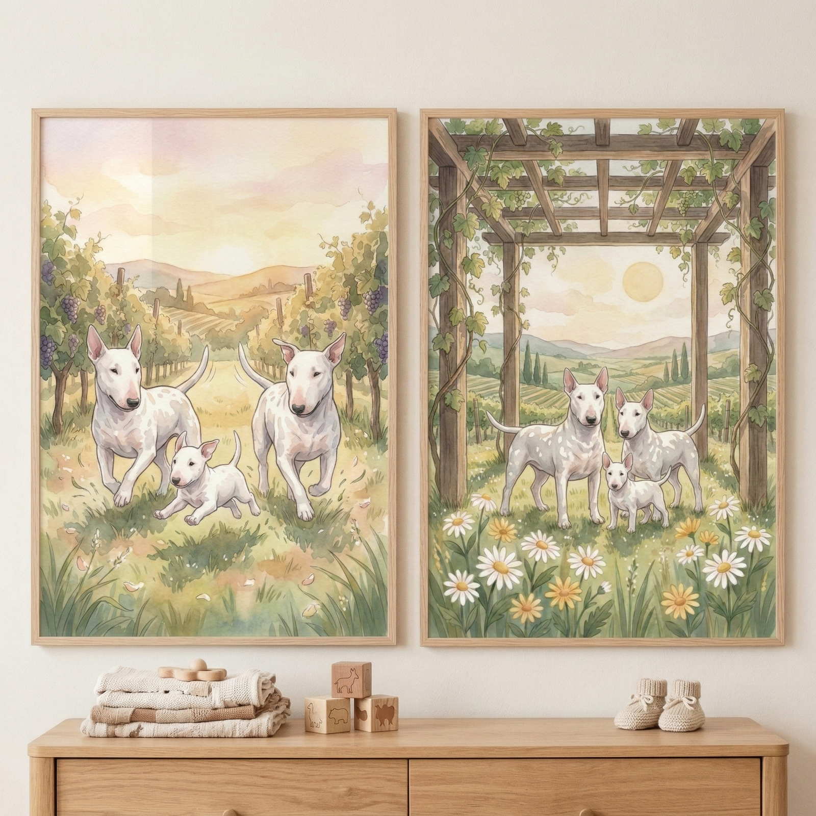 Two framed watercolor illustrations of white dogs in vineyard settings hang on a wall above a wooden dresser. The left illustration shows two adult dogs and a puppy walking through a grassy field. The right illustration features three white dogs standing under a wooden pergola surrounded by wildflowers. Below, a stack of baby clothes, wooden blocks, and knit booties sit on a light-colored wood dresser in a nursery setting.