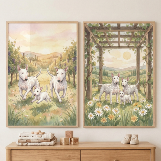 Two framed watercolor illustrations of white dogs in vineyard settings hang on a wall above a wooden dresser. The left illustration shows two adult dogs and a puppy walking through a grassy field. The right illustration features three white dogs standing under a wooden pergola surrounded by wildflowers. Below, a stack of baby clothes, wooden blocks, and knit booties sit on a light-colored wood dresser in a nursery setting.
