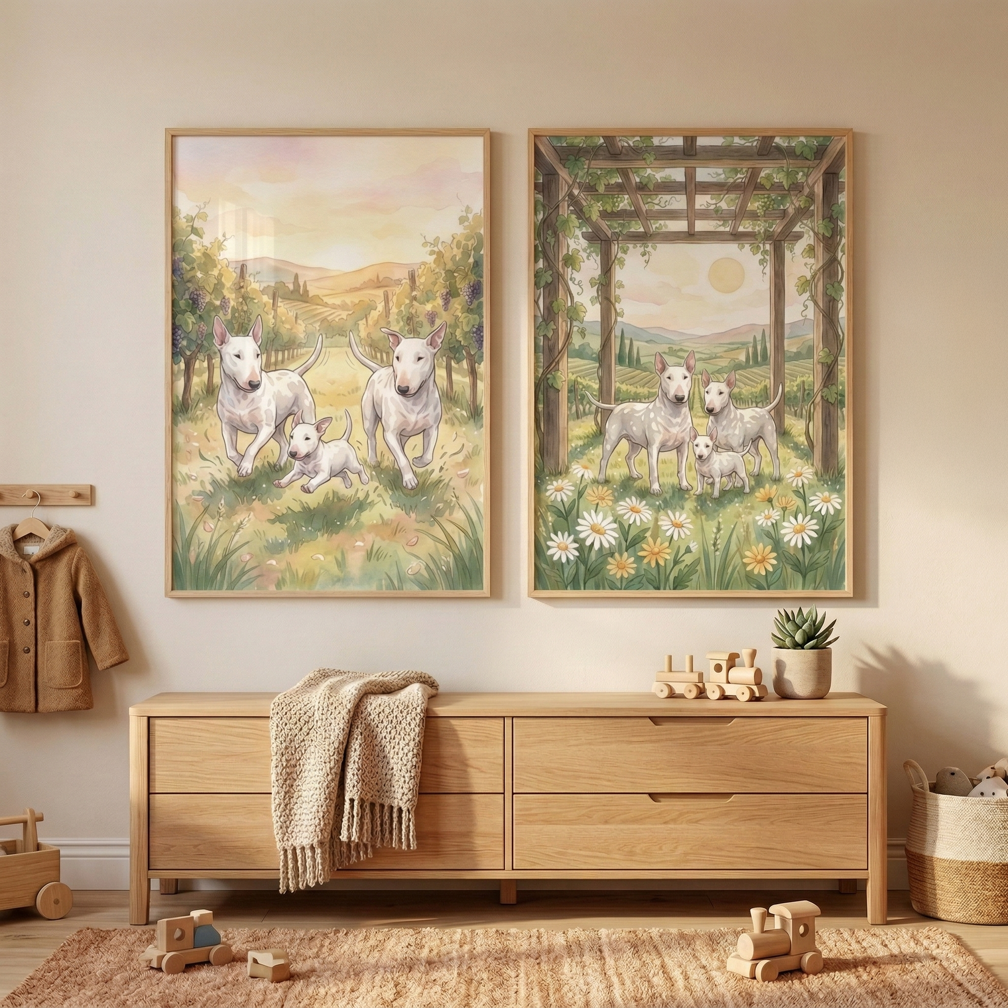 Countryside English Bull Terrier Wall Art Set of 2 - Vineyard Terrier Family