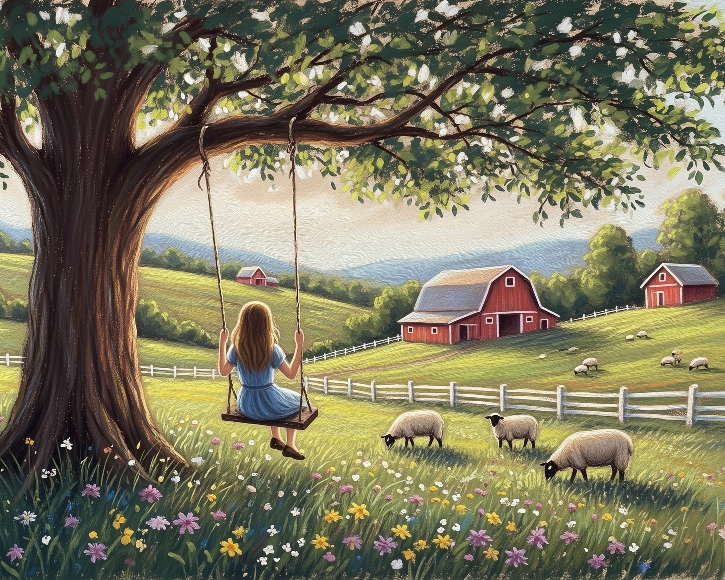 A young girl in a blue dress sits on a wooden swing hanging from a large tree, overlooking a picturesque farm with red barns and a flock of sheep grazing in a field dotted with colorful wildflowers.