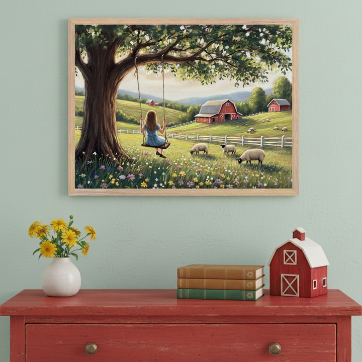Peaceful Countryside Swing Wall Art for Nursery, Playroom or Kids Bedrooms - Serene Farm Meadow Decor - Bloom & Swing