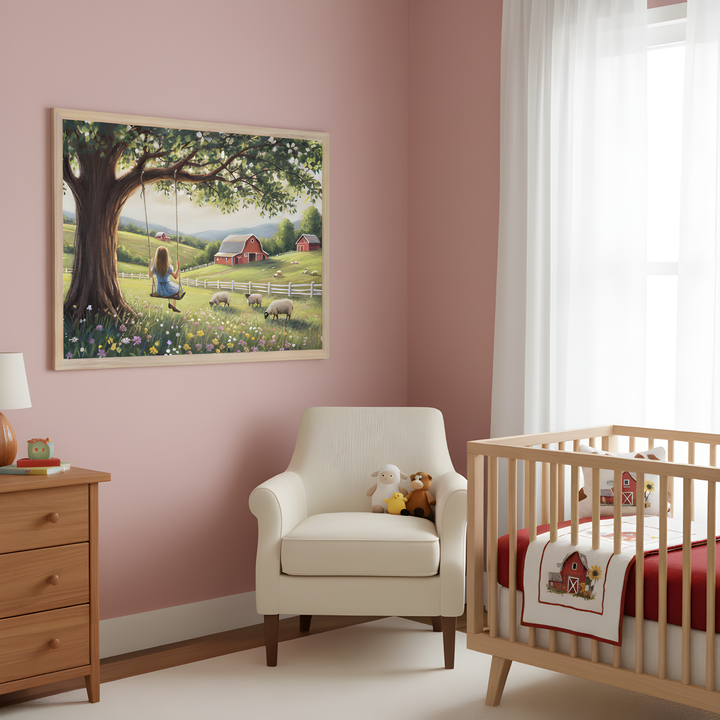 Peaceful Countryside Swing Wall Art for Nursery, Playroom or Kids Bedrooms - Serene Farm Meadow Decor - Bloom & Swing