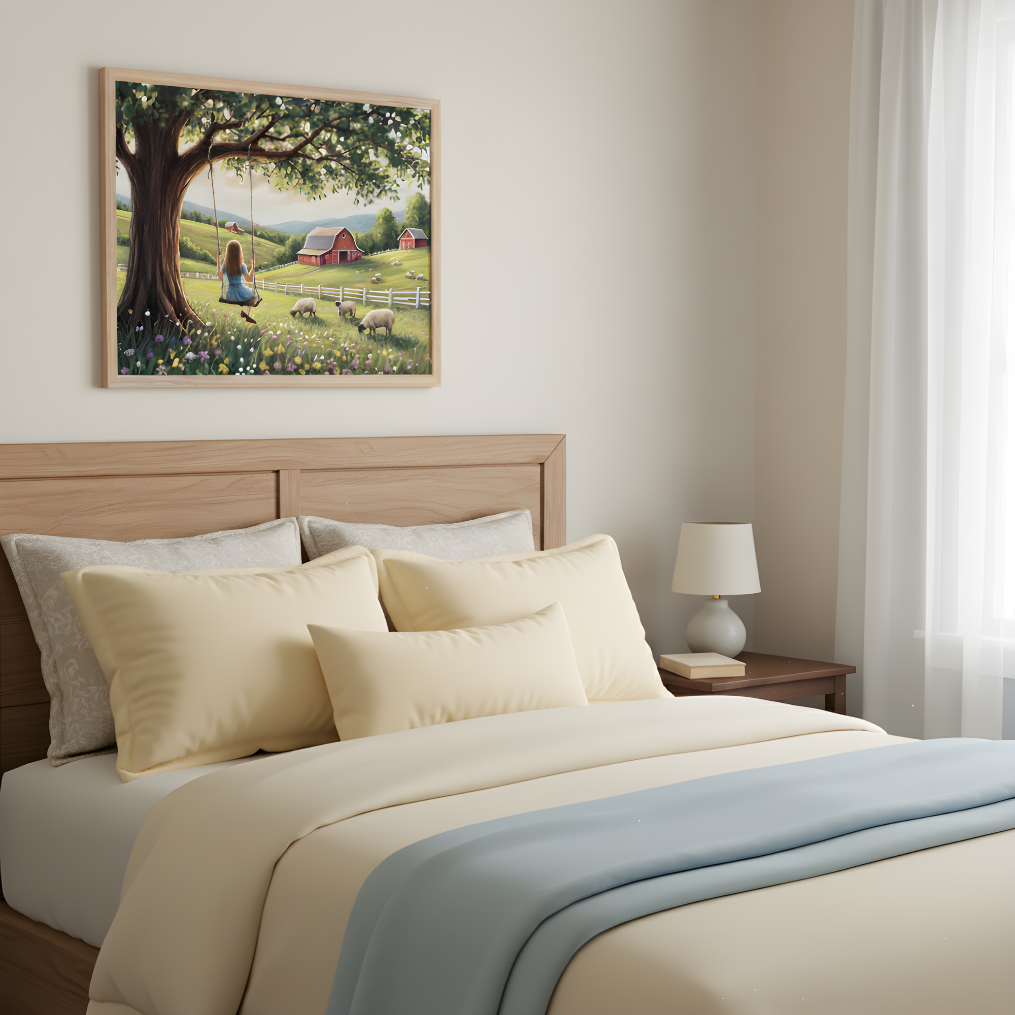 Peaceful Countryside Swing Wall Art for Nursery, Playroom or Kids Bedrooms - Serene Farm Meadow Decor - Bloom & Swing