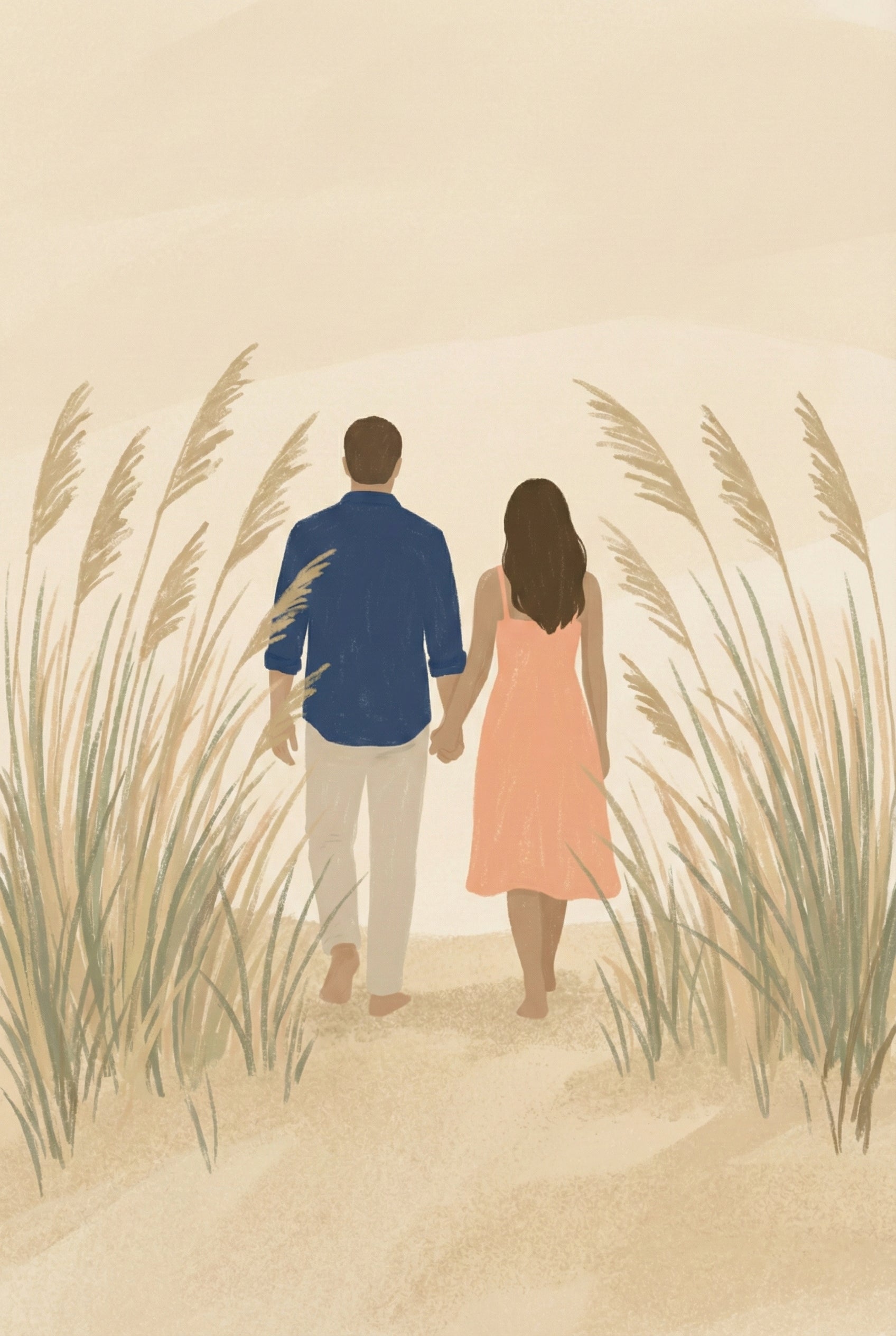 Illustration of a man in a blue shirt and a woman in a coral dress walking hand-in-hand down a sandy path flanked by tall dune grass.
