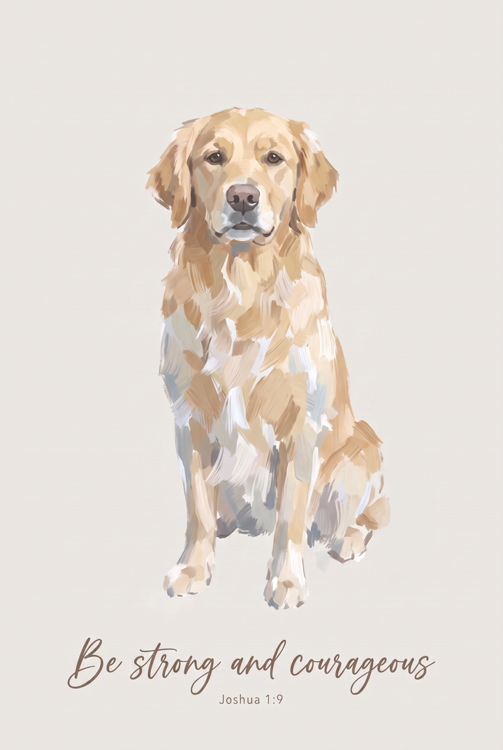 Courageous bible golden retriever wall art with a sitting dog and text reading Be strong and courageous Joshua 1:9.
