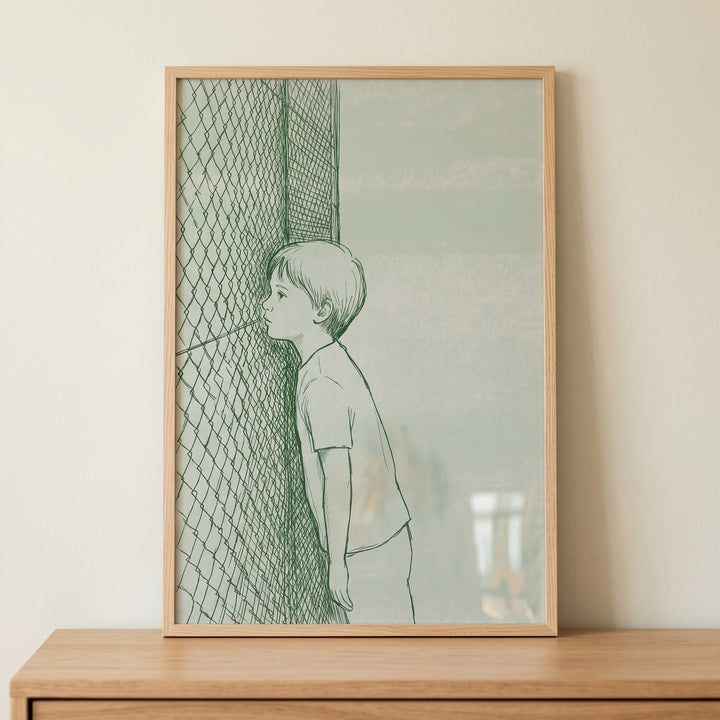 Framed courtside peeking boy wall art features a green line drawing of a child looking through a chain-link fence.