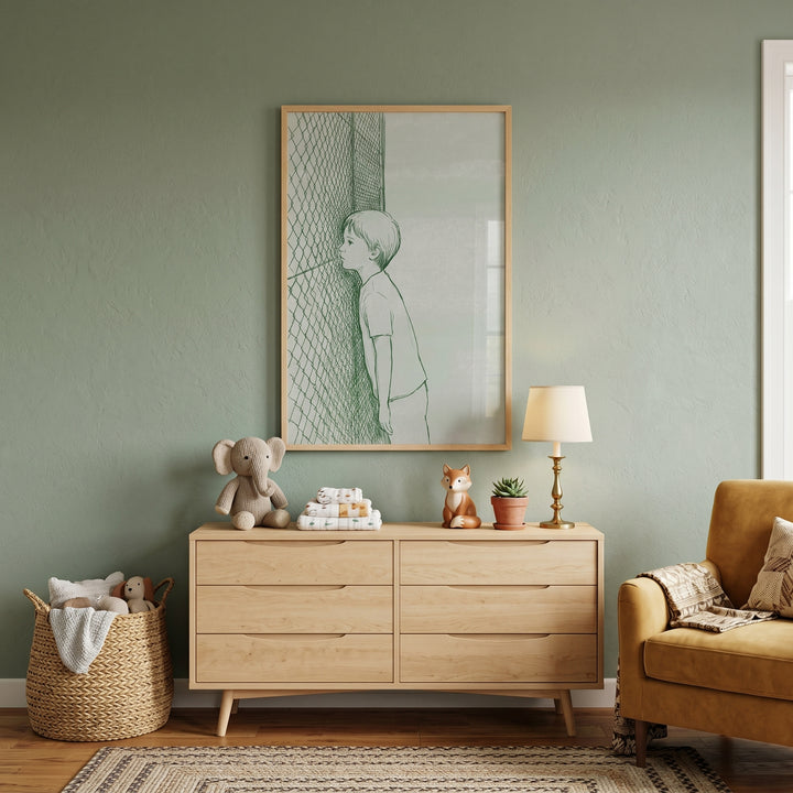Courtside peeking boy wall art hangs above a wooden dresser in a green room with a stuffed elephant and yellow chair.