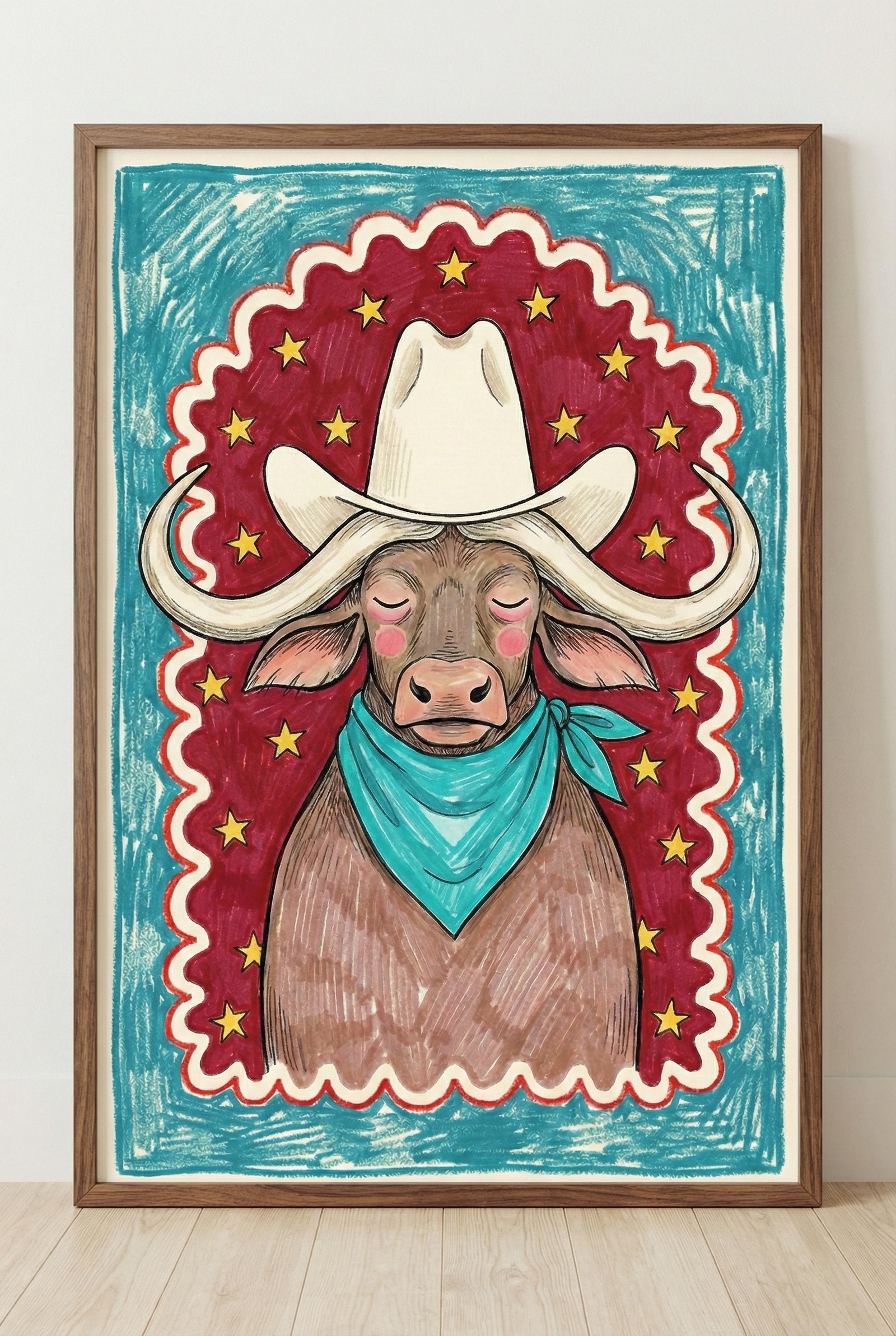 A whimsical framed illustration features a brown longhorn with a large white cowboy hat and a teal bandana. The artwork is set against a deep red background adorned with yellow stars and a scalloped border, displayed prominently above a dark wood dresser in a classic nursery.