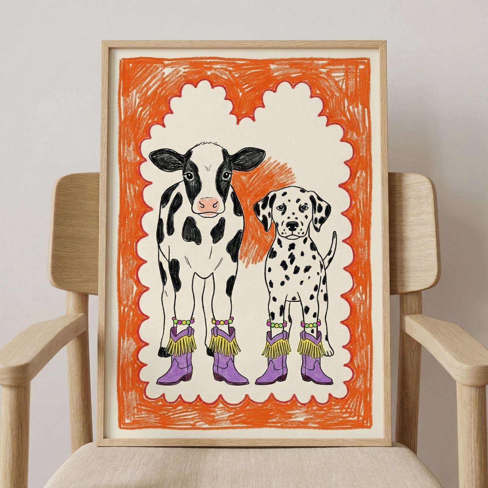 Playful illustration of a black-and-white cow and a Dalmatian dog standing side by side, both wearing matching purple boots with fringe and beaded anklets, framed in a bright orange border.