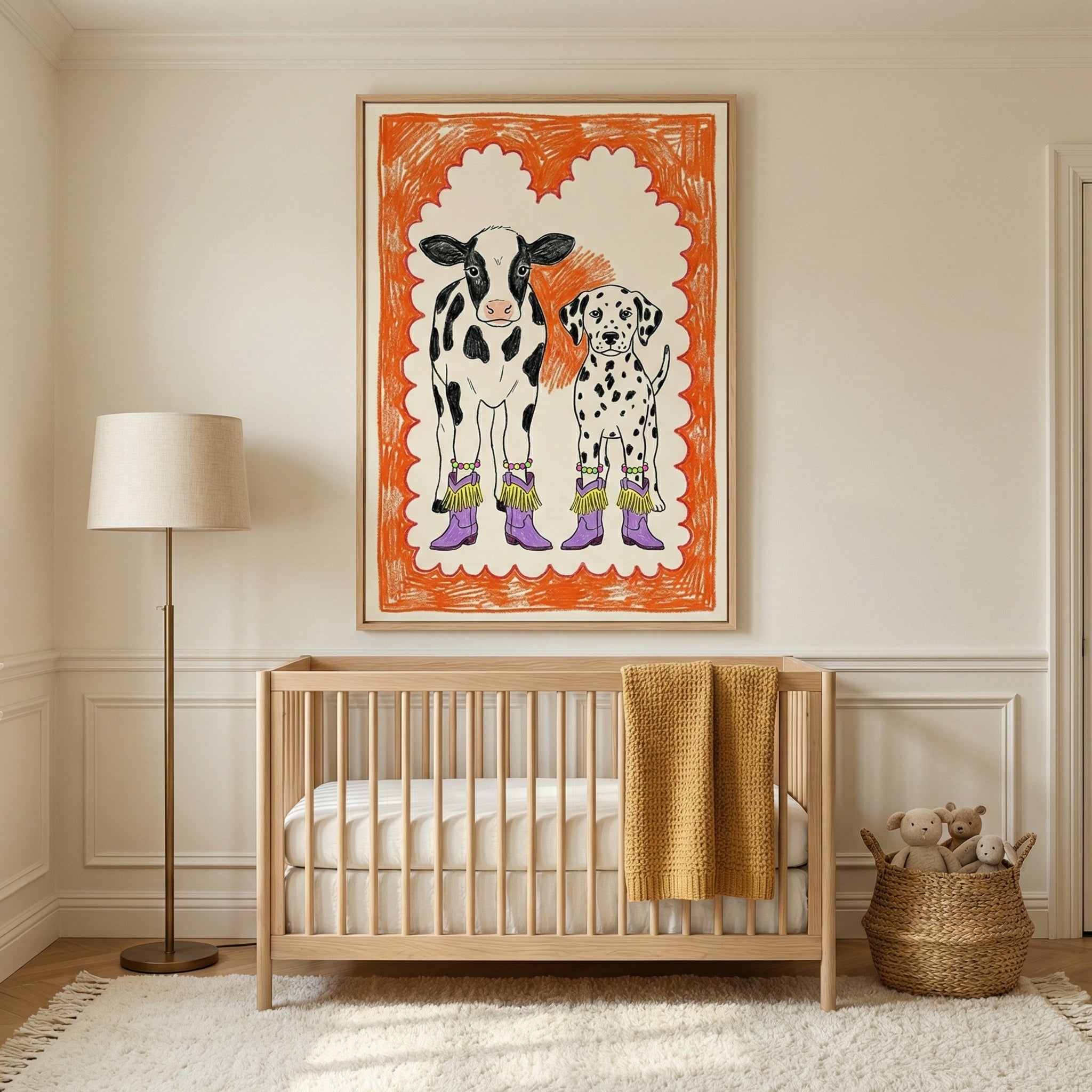 Framed whimsical animal art featuring a cow and a dog in boots, hanging above a wooden crib in a warm, cozy nursery decorated in neutral tones with soft textures.