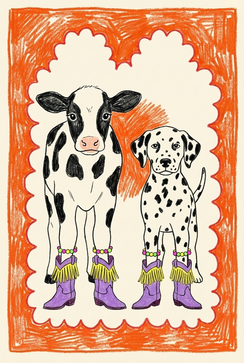 Playful illustration of a black-and-white cow and a Dalmatian dog standing side by side, both wearing matching purple boots with fringe and beaded anklets, framed in a bright orange border.