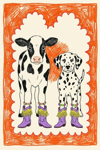 Playful illustration of a black-and-white cow and a Dalmatian dog standing side by side, both wearing matching purple boots with fringe and beaded anklets, framed in a bright orange border.