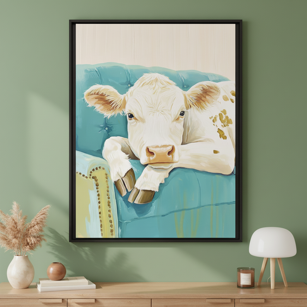 Modern living room with a light wood dresser against an olive green wall. A large black-framed painting of a white cow resting on a turquoise tufted armchair in a painterly style hangs above the dresser. A vase of dried pampas grass, books, and a modern lamp are on the dresser.
