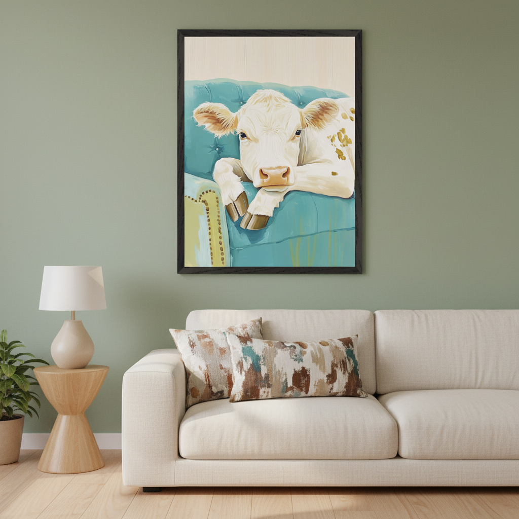 Modern living room with a light beige sofa and a wooden end table. A large black-framed painting of a white cow with brown spots lounging on a turquoise sofa hangs centered above the sofa.