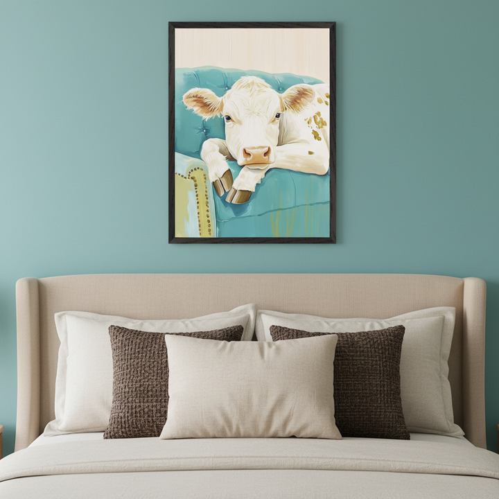 Modern bedroom with a beige upholstered bed. A framed painting of a white cow lounging on a turquoise tufted sofa hangs centered above the bed against a teal wall.