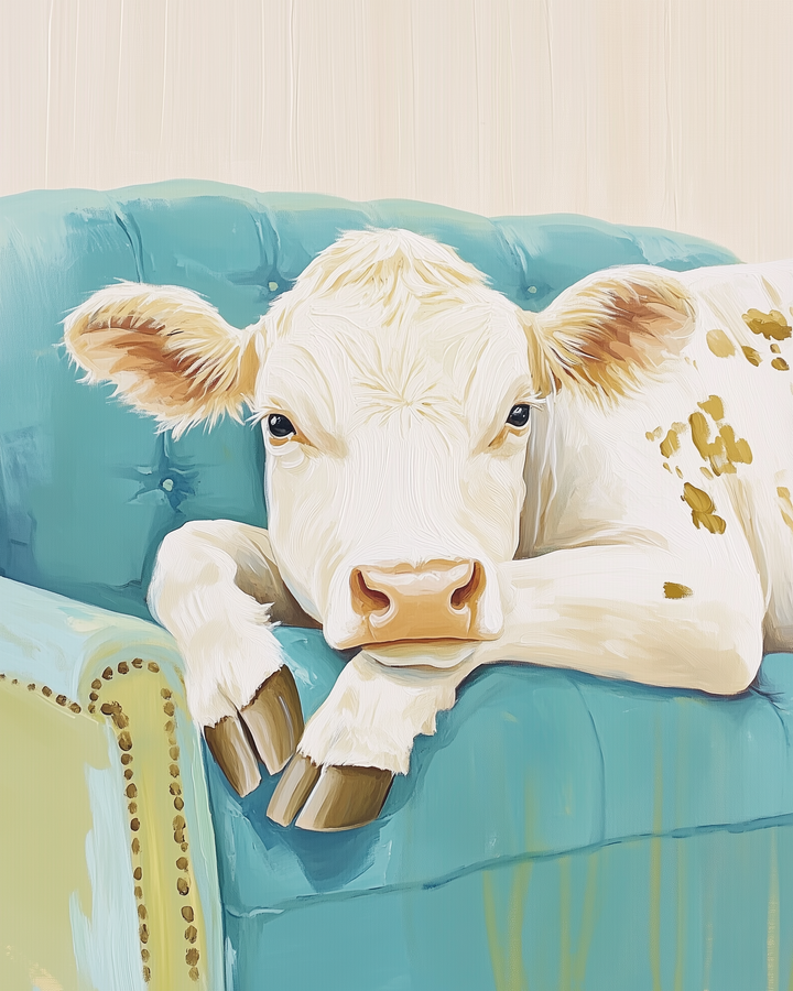 A playful painting of a white cow with light brown spots lounging on a teal tufted armchair. The cow's relaxed posture and soft expression give the image a cozy, whimsical feel suitable for home or kids' décor.
