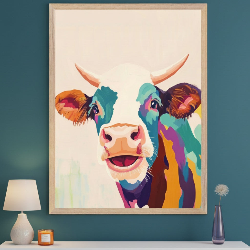 Modern room with a white console table against a teal wall. A large framed painting of a cow's head with vibrant, blocky colors hangs centered above the table. A white lamp, orange candle, and purple vase with a flower adorn the table.