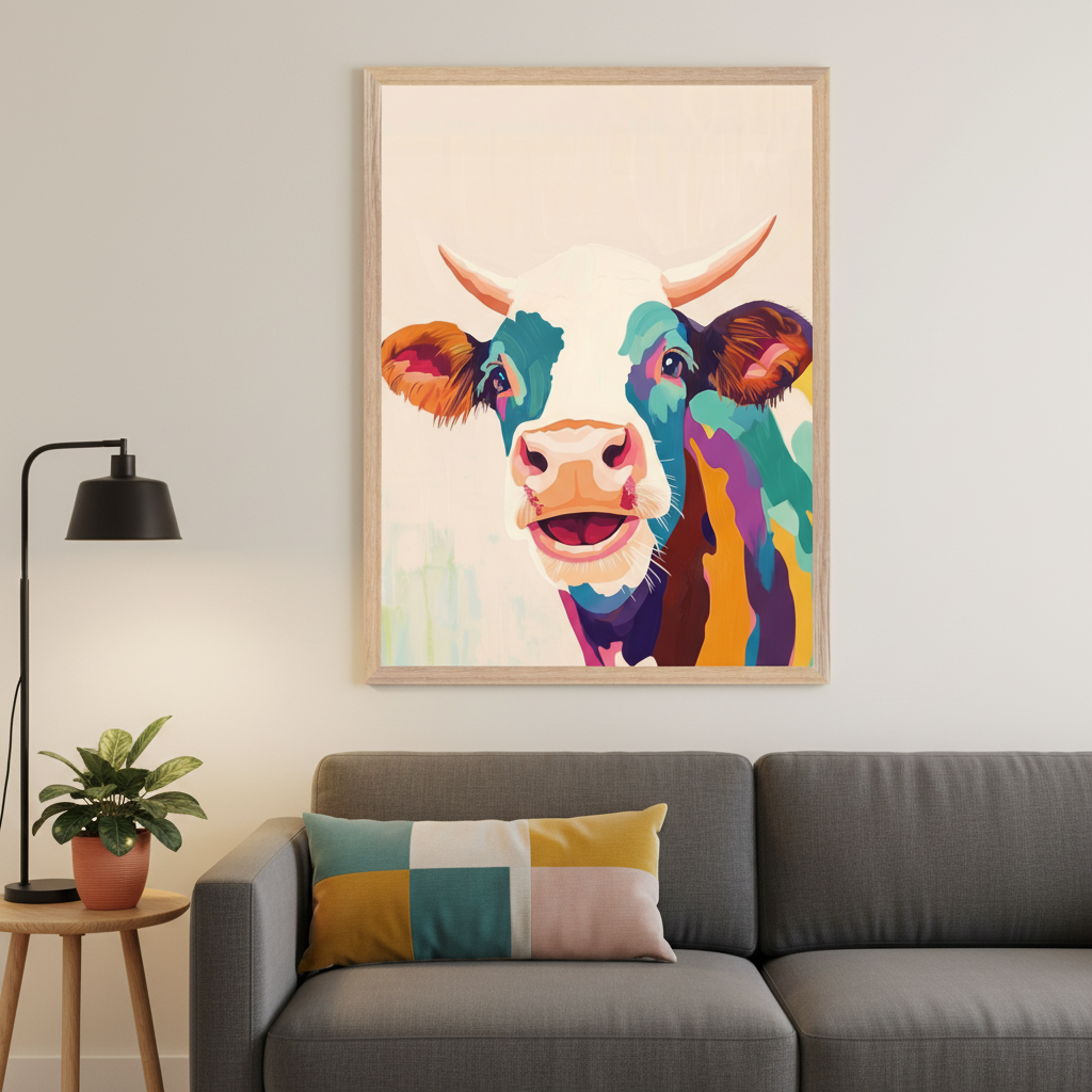 Modern living room with a gray sofa, side table, and lamp. A large framed print of a colorful, stylized smiling cow head hangs above the sofa, slightly right of center.