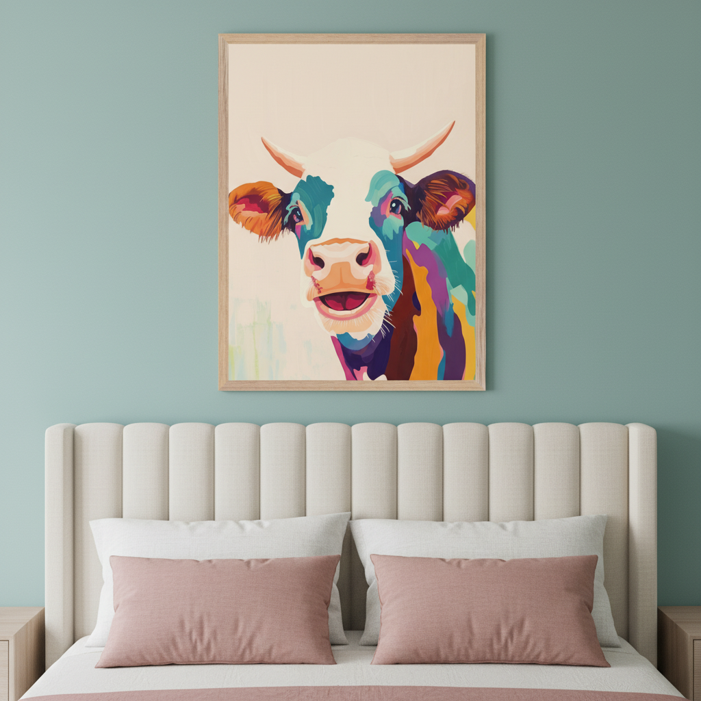 Modern bedroom with a beige upholstered headboard and pink pillows. A framed, colorful pop-art style painting of a smiling cow with abstract, vibrant patches of blue, green, orange, and purple hangs centered above the bed on a teal wall.