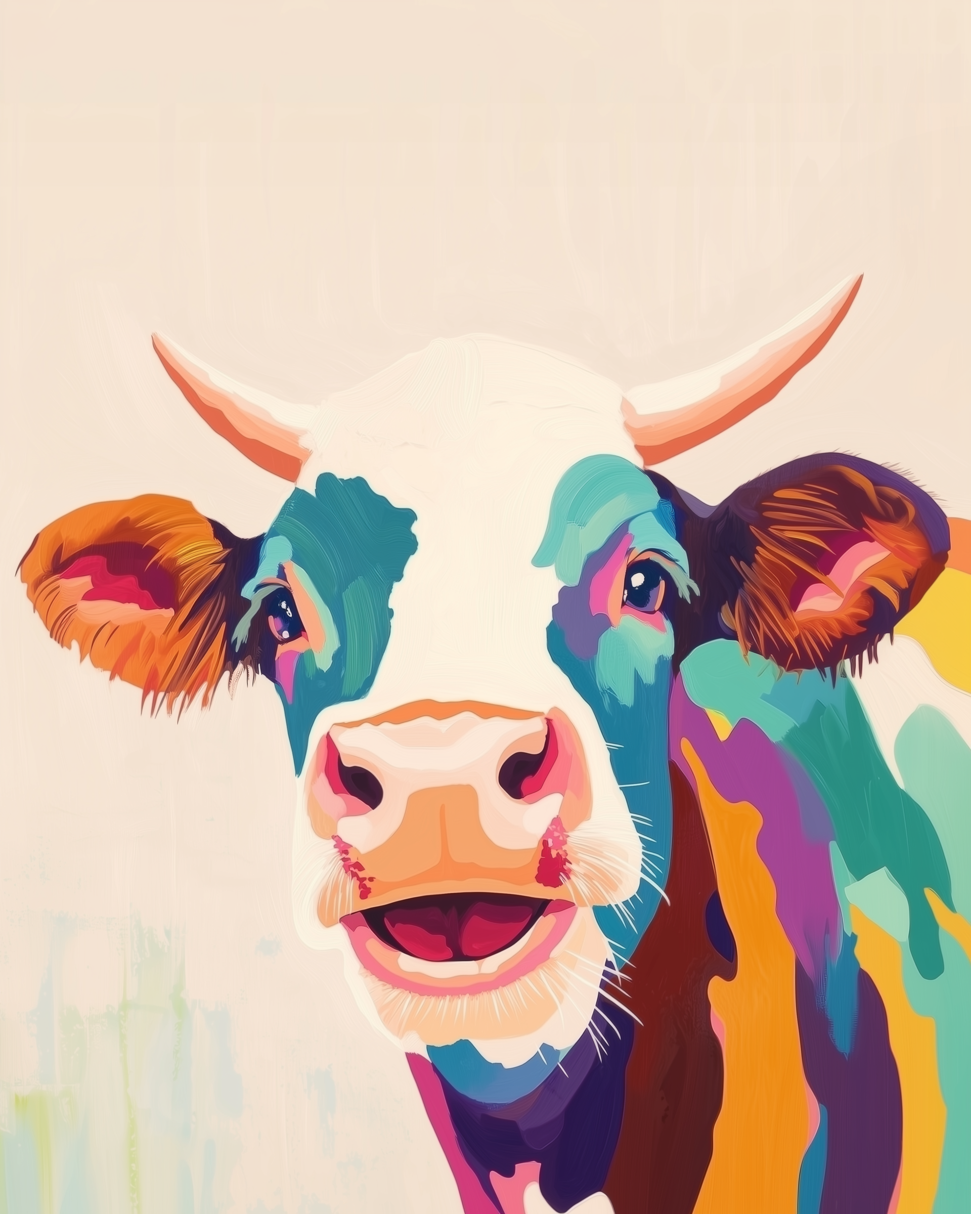 A bright and playful portrait of a cow with bold patches of teal, orange, purple, and pink. The cow's happy expression and whimsical color choices add a cheerful, modern farmhouse feel.
