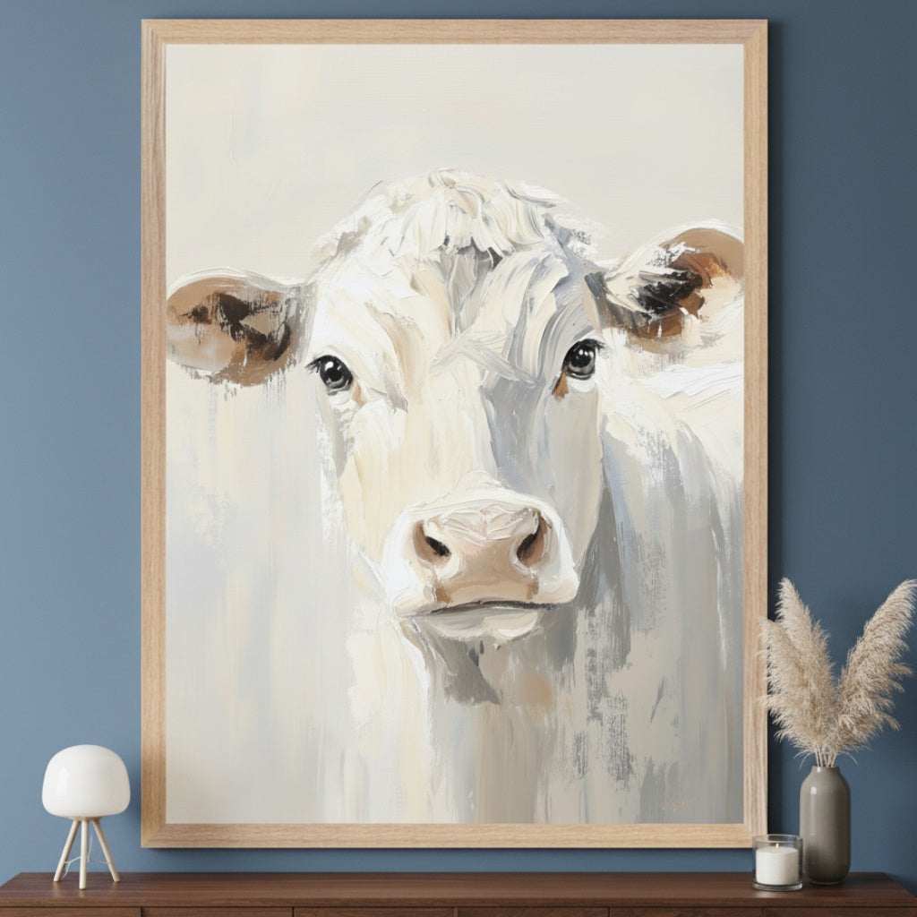 Modern living room with a dark brown low cabinet against a blue wall. A large, light-wood framed impressionistic painting of a white cow's head hangs centered above the cabinet. A white lamp, a vase with pampas grass, and a candle are on the cabinet.