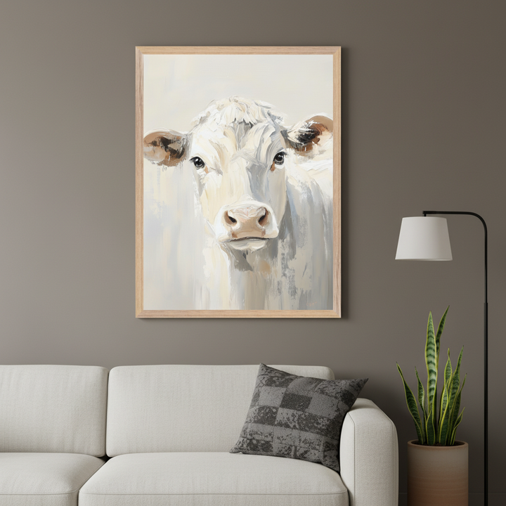 Modern living room with a light cream sectional sofa. A large, light wooden framed painting of a white cow facing forward, in a painterly style with visible brushstrokes, hangs above the left side of the sofa. A floor lamp and potted snake plant are on the right.