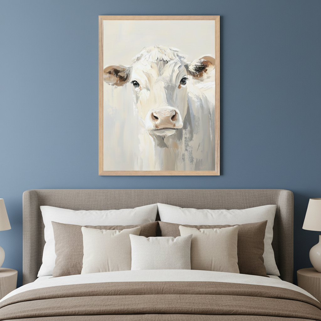 Modern bedroom with a grey upholstered bed against a blue wall. A large framed painting of a white cow's face in an expressive, light-toned style hangs centered above the bed.