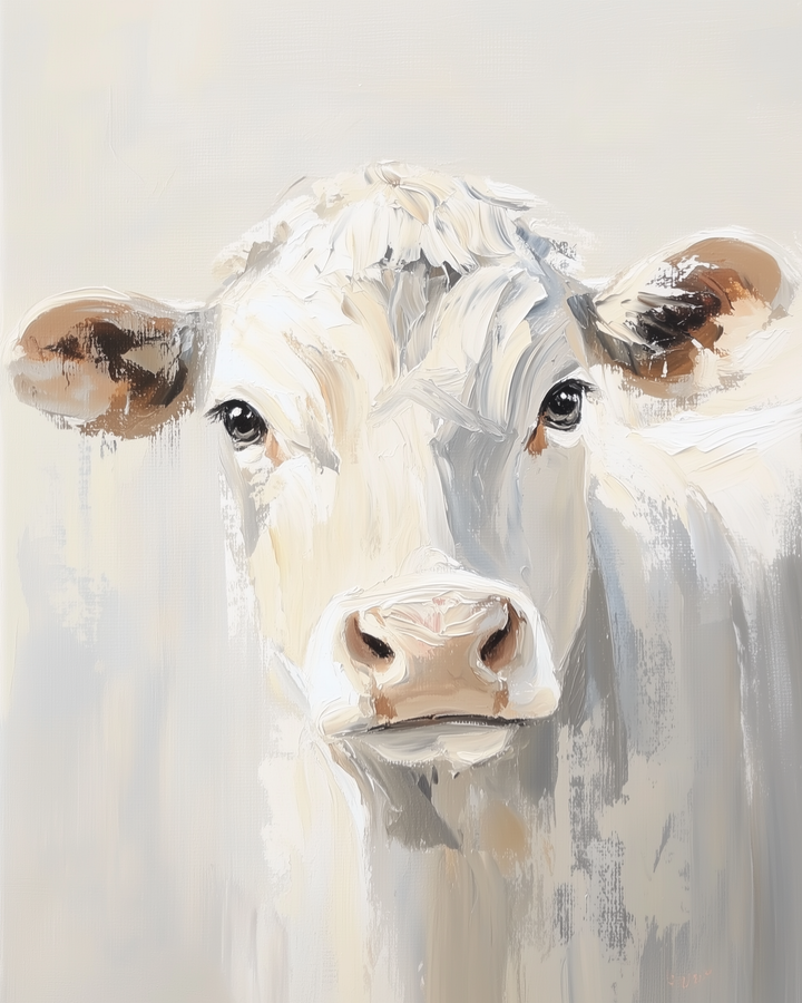 Close-up painting of a cream-colored cow with soft brushstrokes and expressive eyes, set against a light neutral background for a calming farmhouse aesthetic
