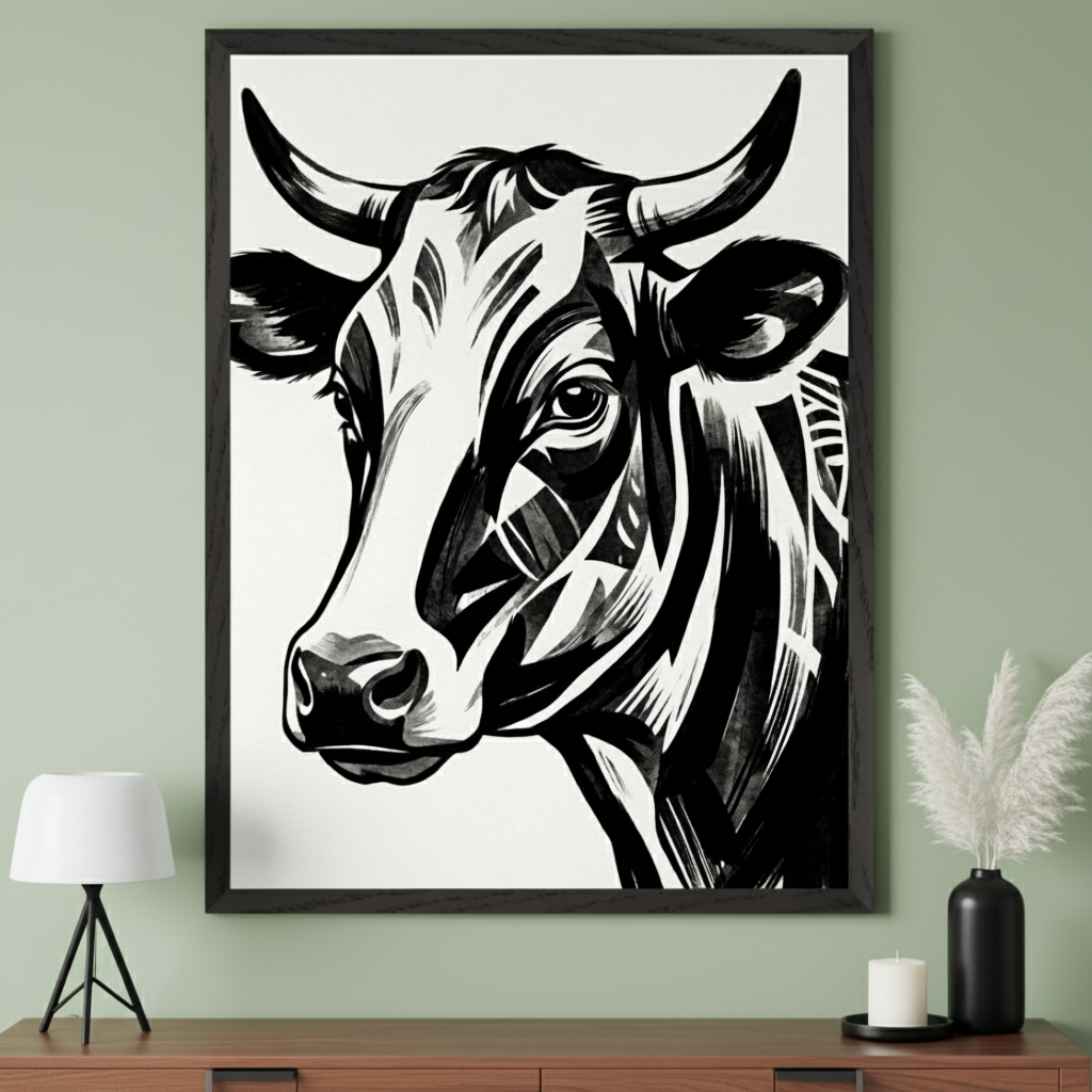 Monochromatic Charm - Cow Framed Wall Art for Living Room, Bedroom or Office