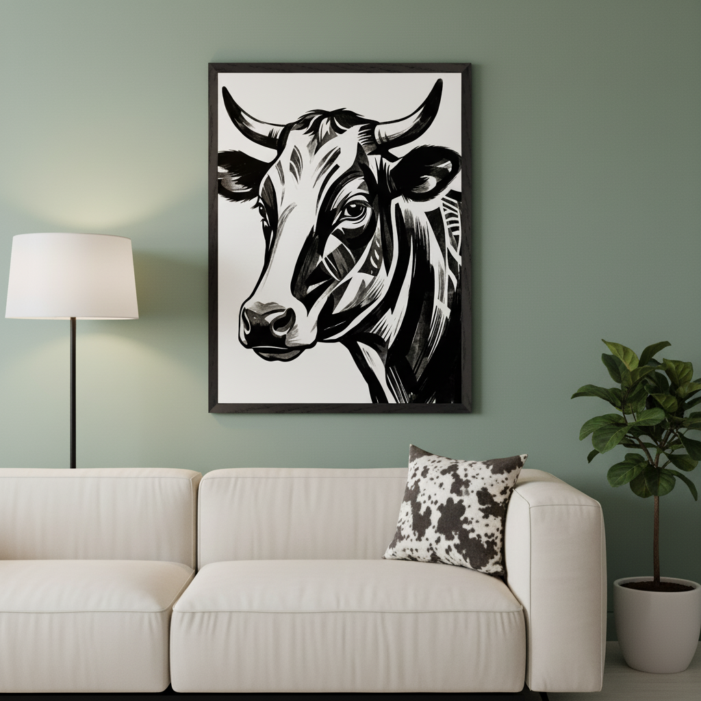 Modern living room with a cream modular sofa against a green wall. A large framed black and white abstract art print of a cow's head hangs centered above the sofa. A floor lamp is on the left and a potted plant on the right.