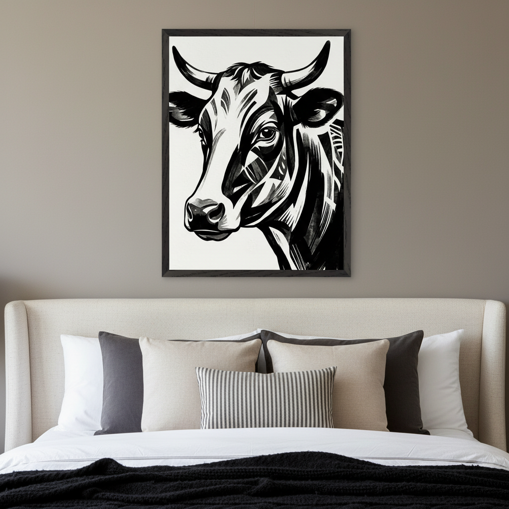 Modern bedroom with a bed, light headboard, and various pillows. A large framed black and white stylized illustration of a cow's head hangs centered above the bed.