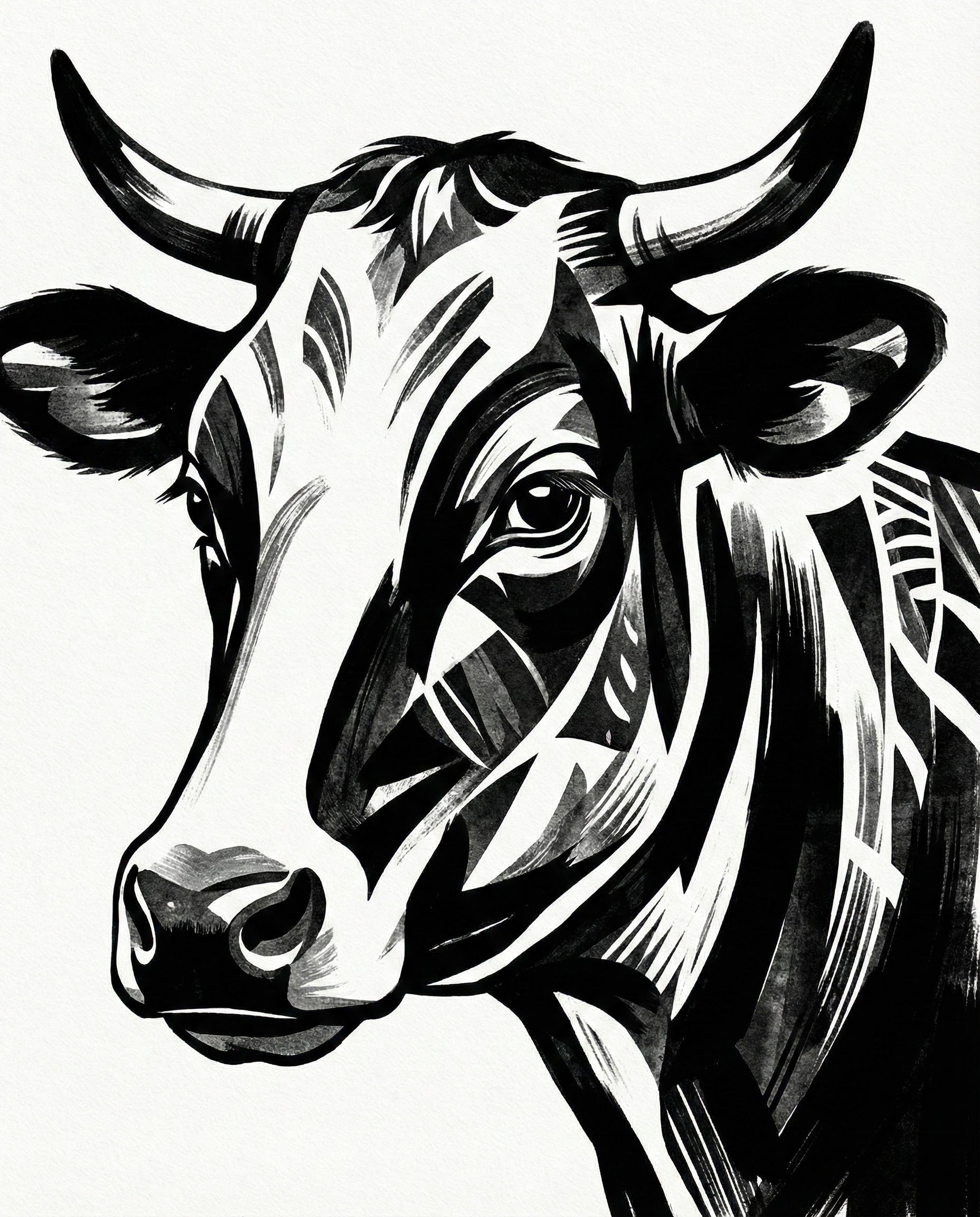 Bold black and white stylized illustration of a cow’s face featuring dynamic line work and abstract shading on a white background creating a modern and graphic barnyard animal art piece
