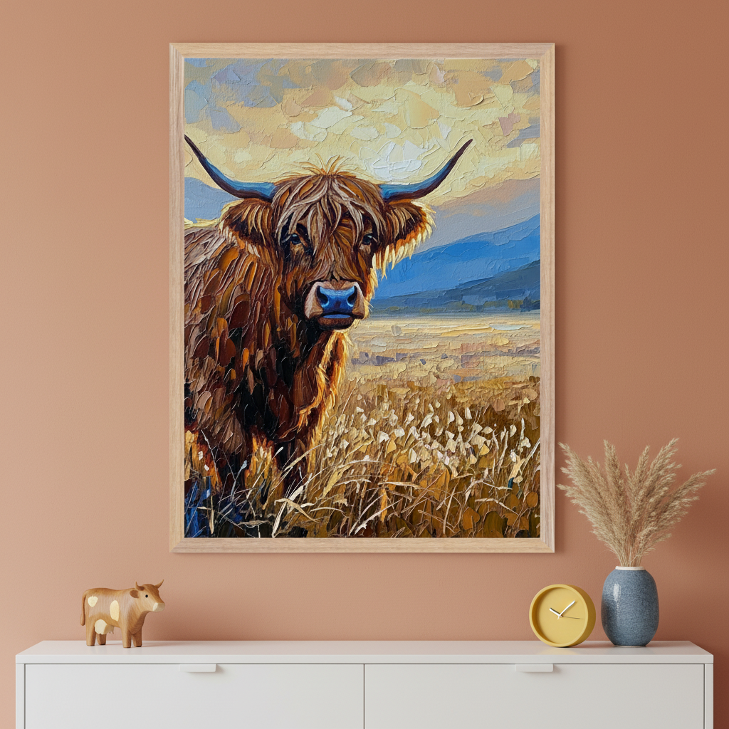 Contemporary room with a white two-drawer dresser. A large framed impasto painting of a brown Highland cow in a field with mountains under a cloudy sky hangs above it.