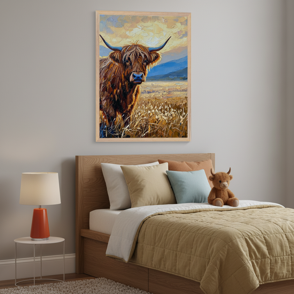 Modern bedroom with a wooden bed and a side table with a lamp. A large framed impressionistic painting of a shaggy Highland cow in a sunny field hangs above the bed. A stuffed cow is on the bed.