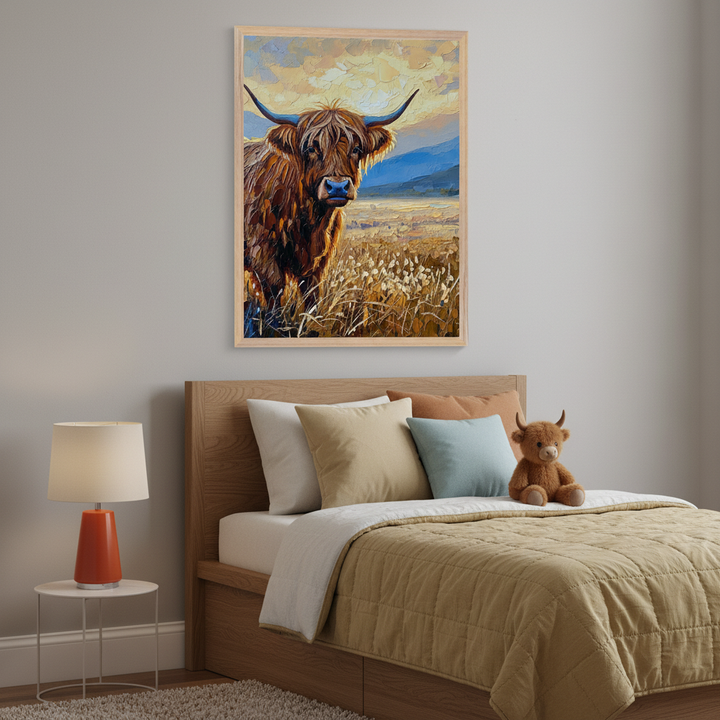 Modern bedroom with a wooden bed and a side table with a lamp. A large framed impressionistic painting of a shaggy Highland cow in a sunny field hangs above the bed. A stuffed cow is on the bed.