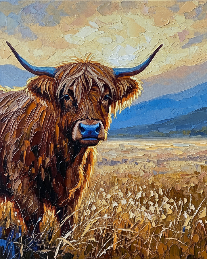 A vibrant painting depicts a Highland cow with long, shaggy brown fur and prominent curved horns, standing in a sunlit field of tall grasses. The background features a softly blended sky with warm, earthy tones and distant blue mountains, creating a serene, pastoral scene.